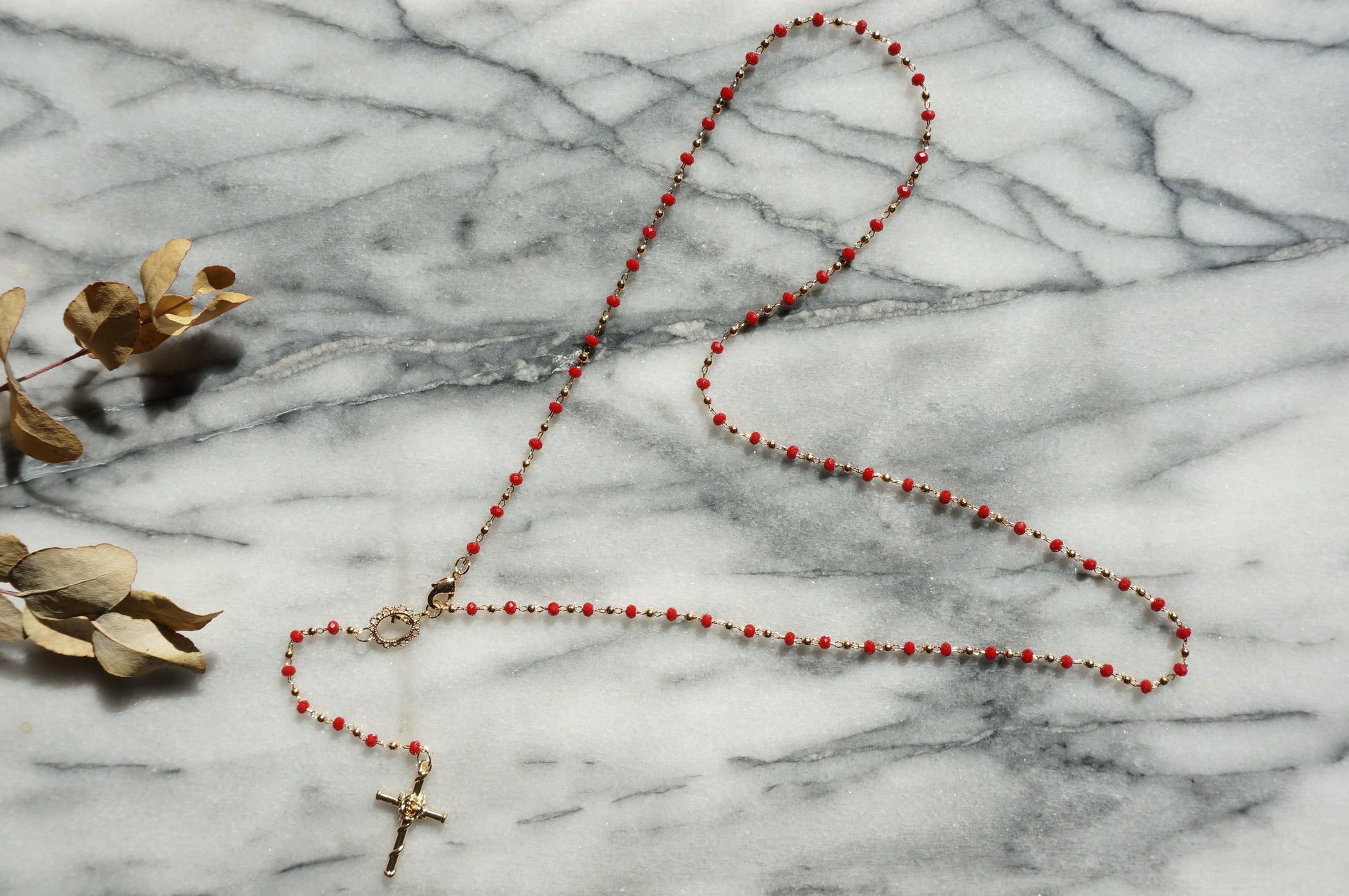 Black/Red/White and Gold Rosary Necklace / Cross Necklace /Lariat Necklace