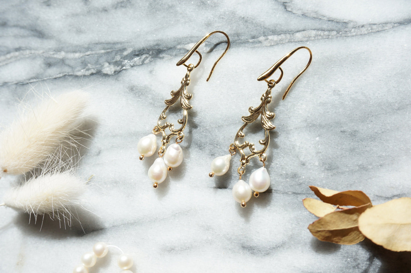 EDWINA Filigree Teardrop Freshwater Pearl Earrings / Bridal Pear Earrings