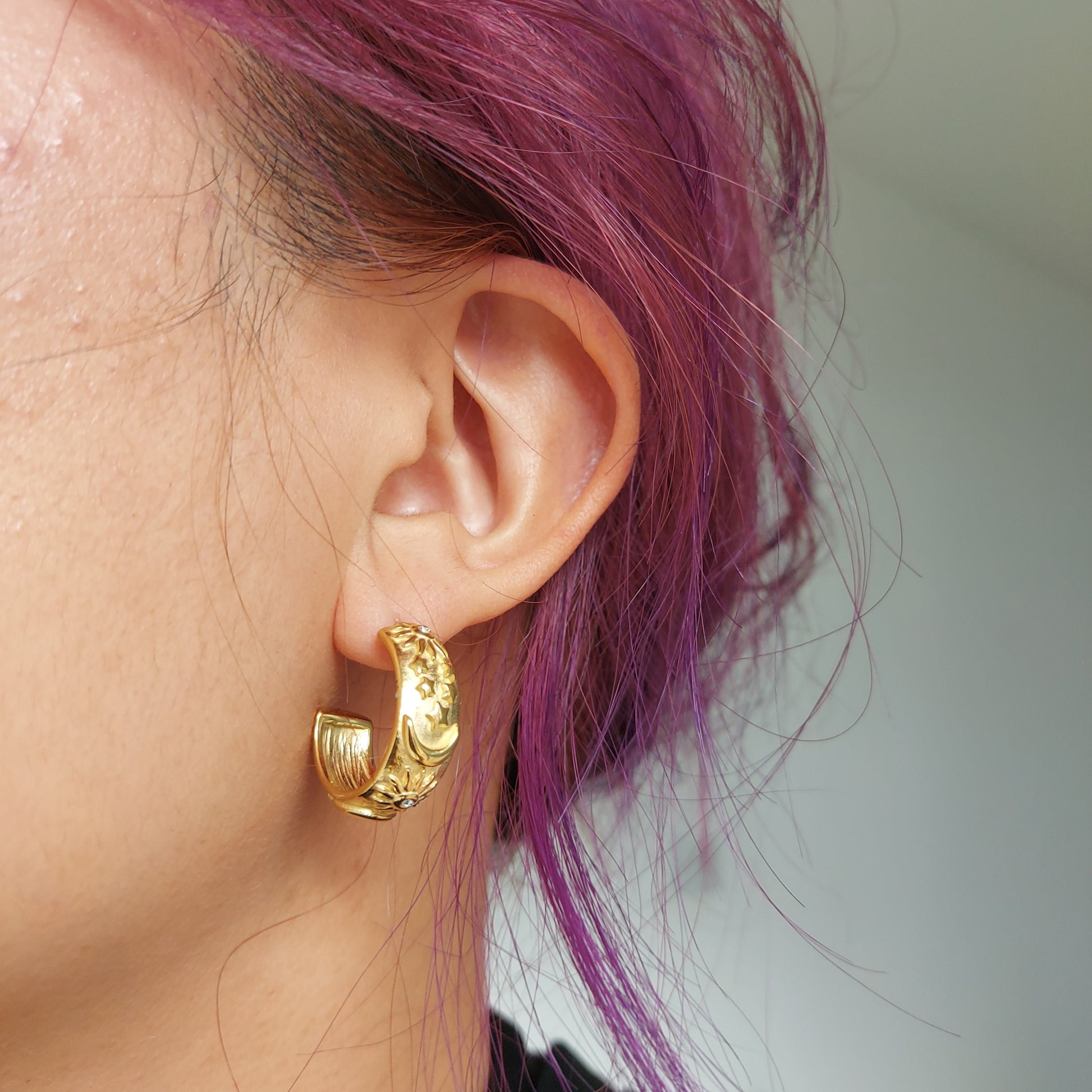 Celestial Engraved Chunky Hoop Earrings / Gold Plated / Silver Thick Hoop Earrings / Moon Sun Star