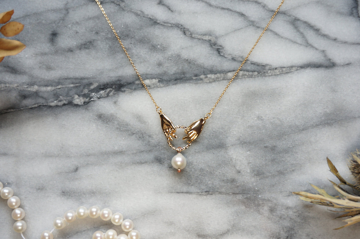 HAND-PICKED Teardrop Pearl and hands dainty necklace