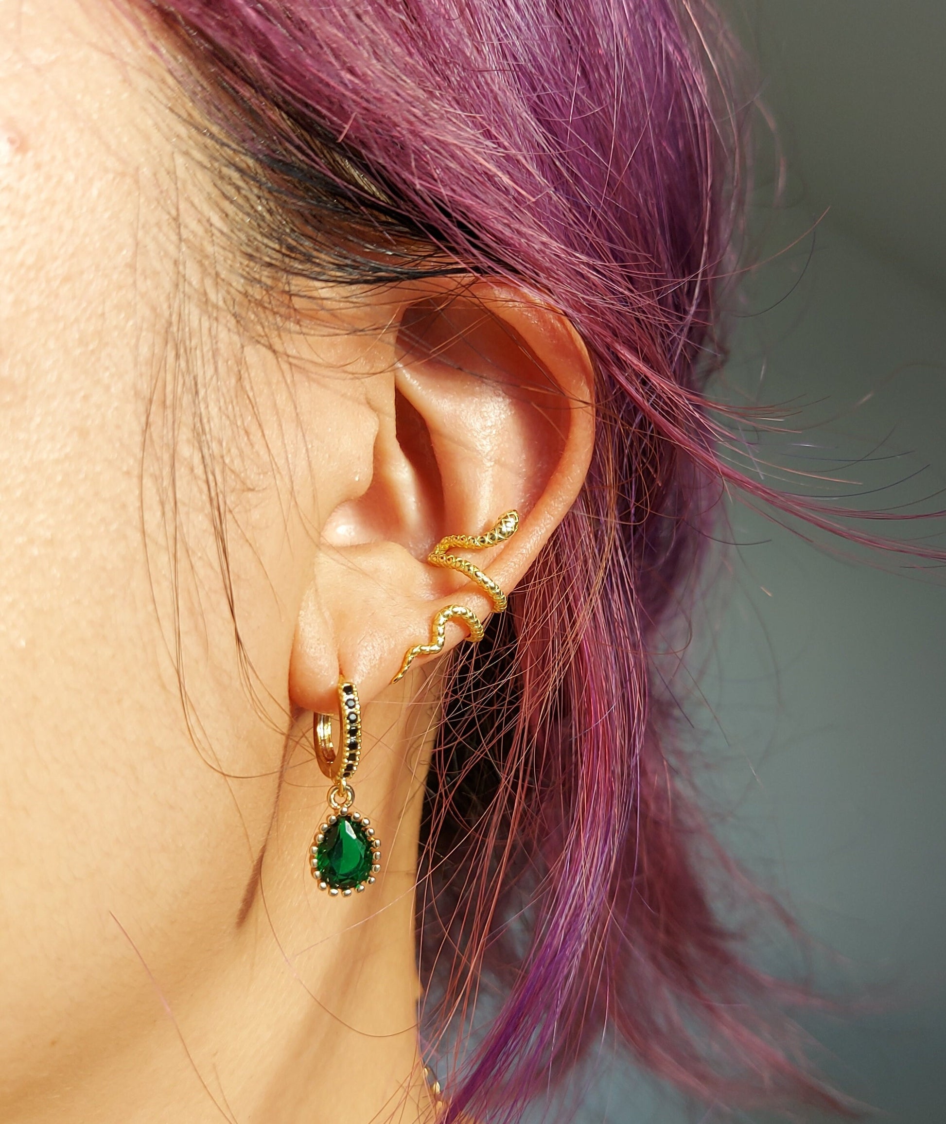 EVA Green Teardrop Gold Huggie Earrings with Black Cubic