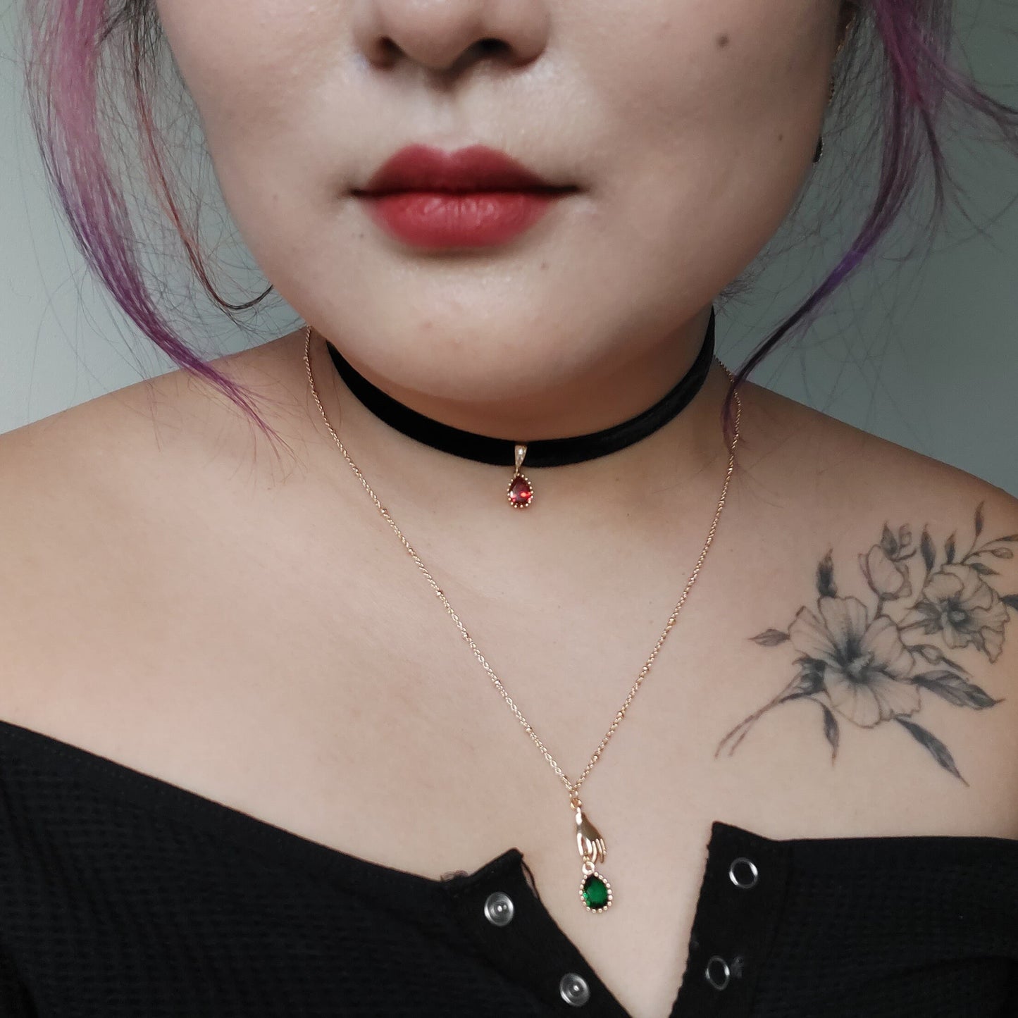 RUBY Deep Red Teardrop and Burgundy/Black Stretch Velvet Choker