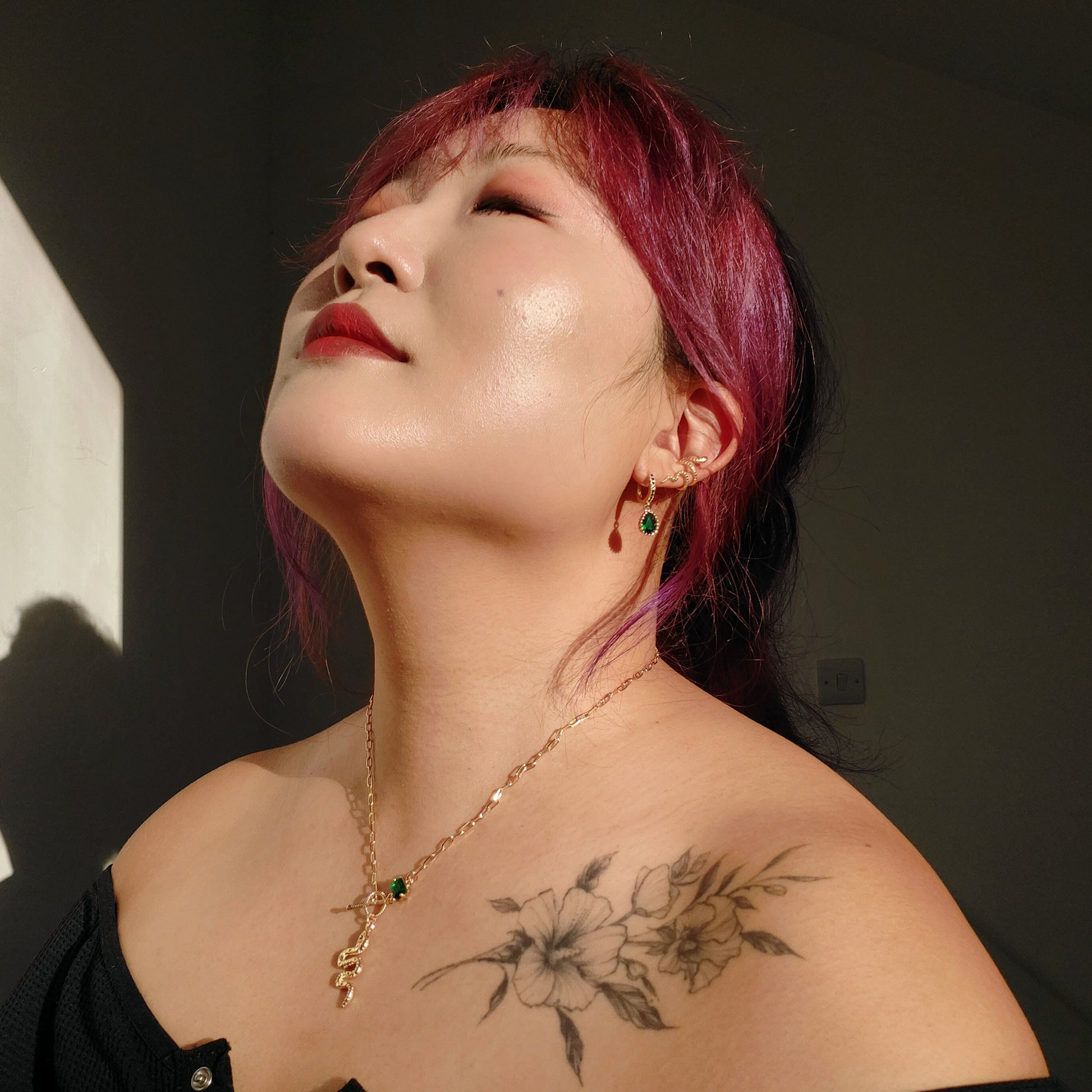 EVA Green Teardrop Gold Huggie Earrings with Black Cubic