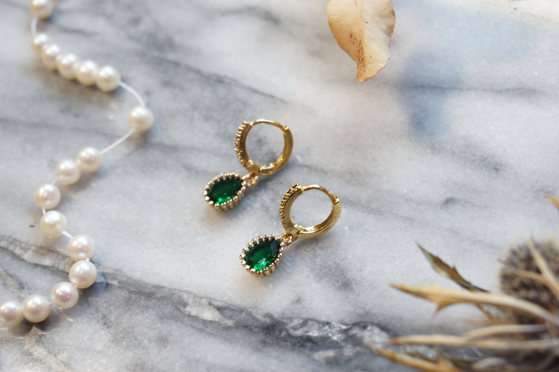 EVA Green Teardrop Gold Huggie Earrings with Black Cubic