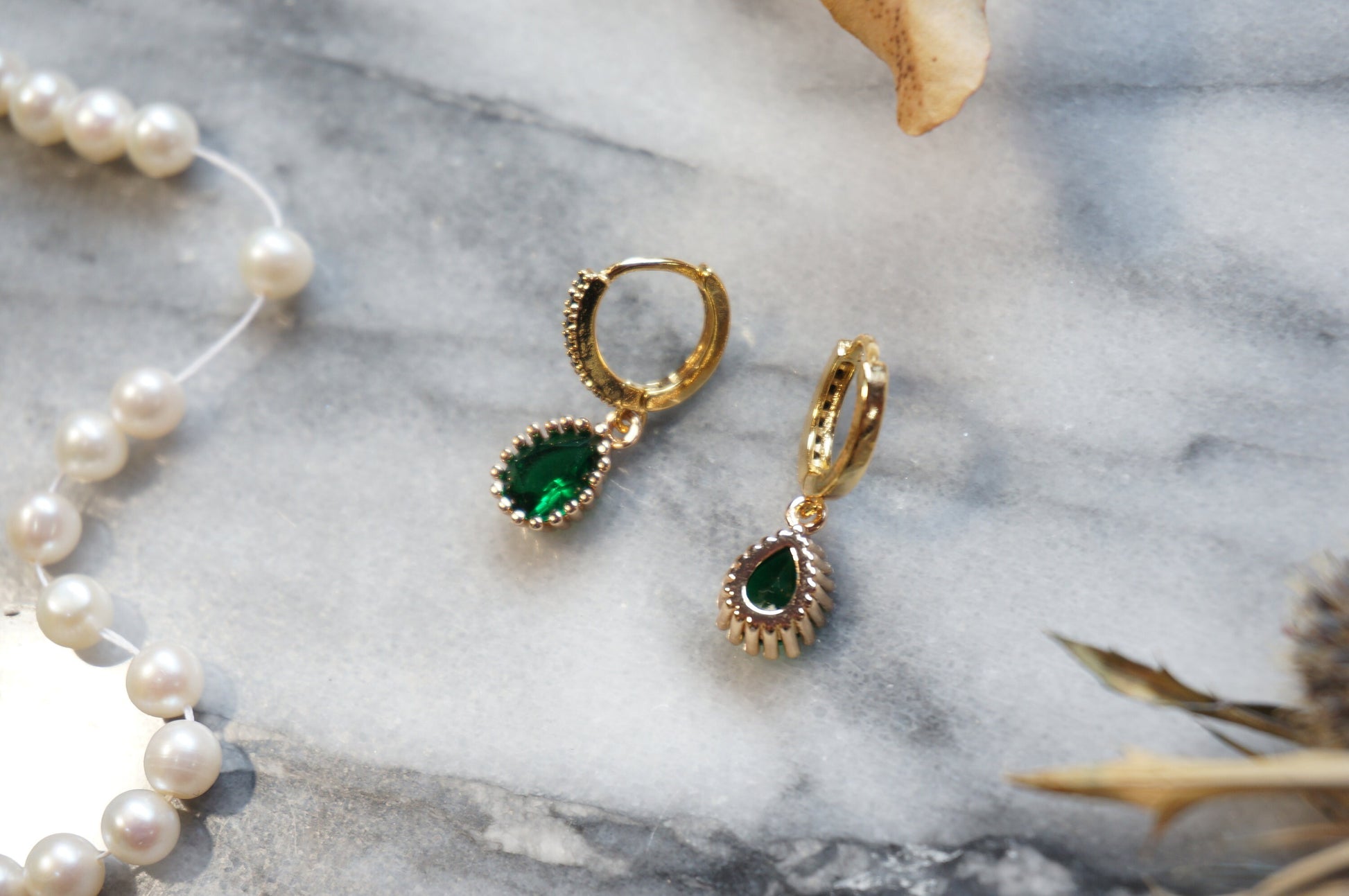 EVA Green Teardrop Gold Huggie Earrings with Black Cubic