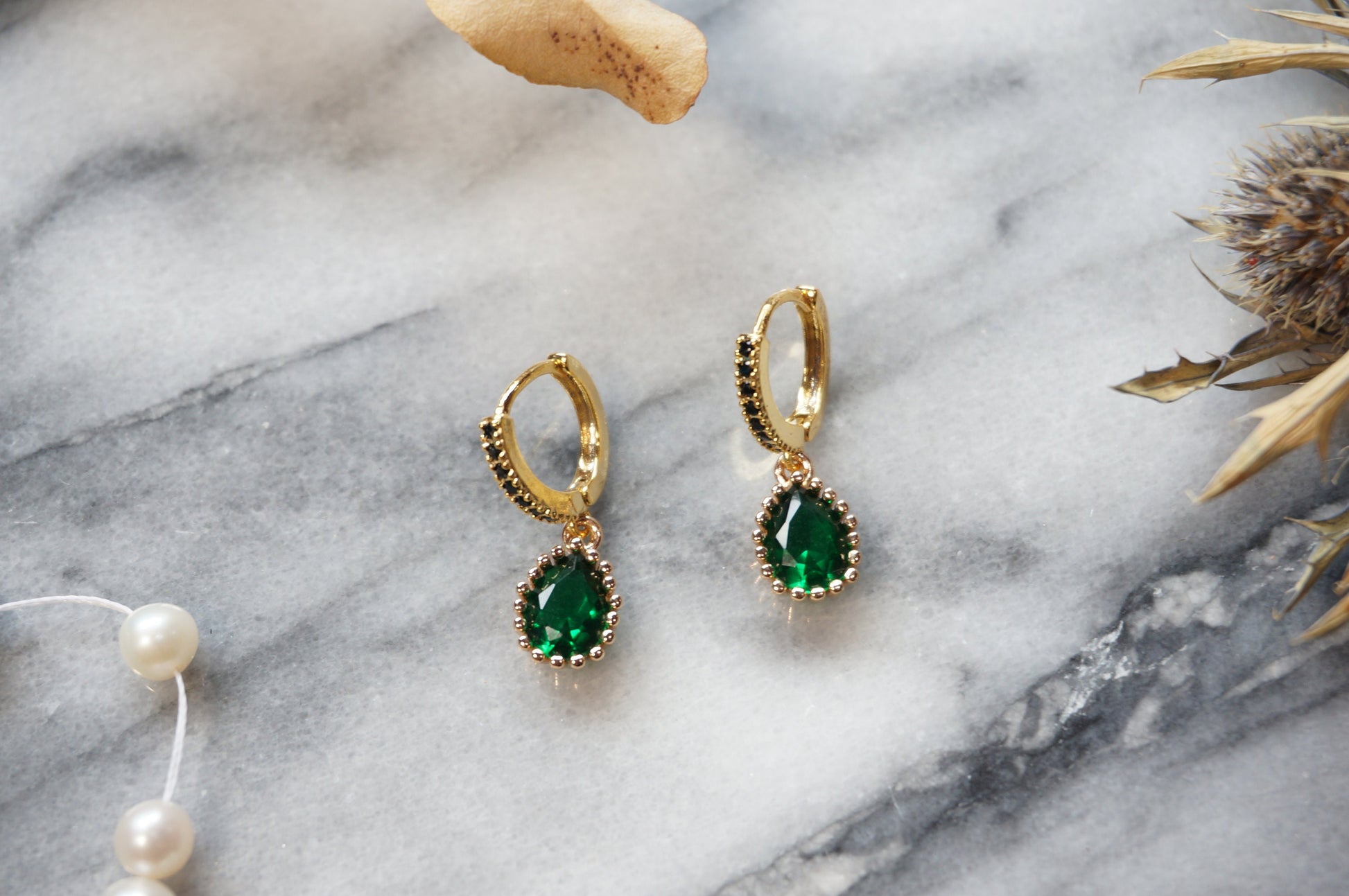 EVA Green Teardrop Gold Huggie Earrings with Black Cubic