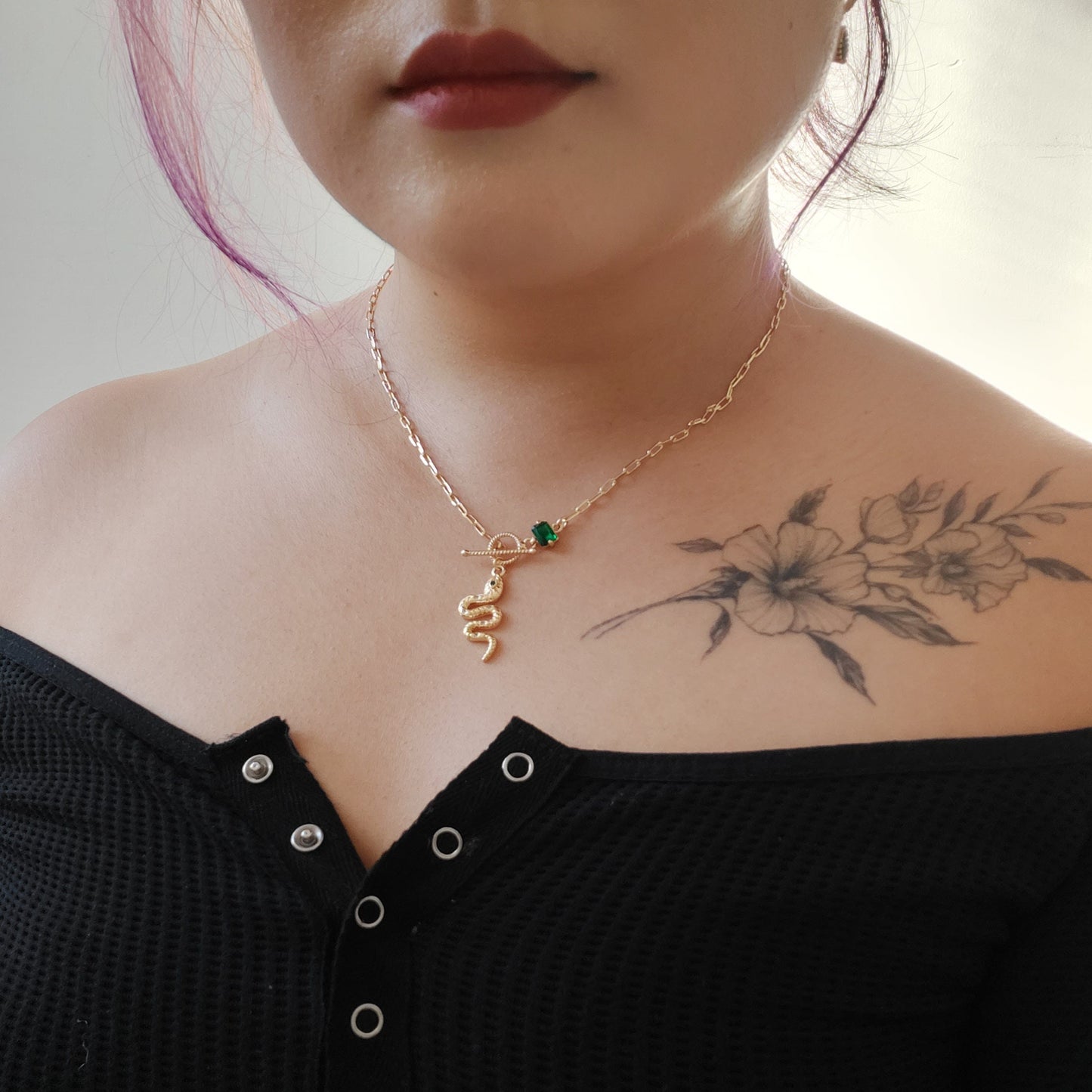 LOKI Green Snake Dainty Toggle Necklace