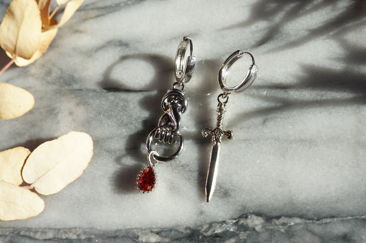 THE HAND Silver Sword and Teardrop Mismatched Huggie Earrings / Red Teardrop Earrings