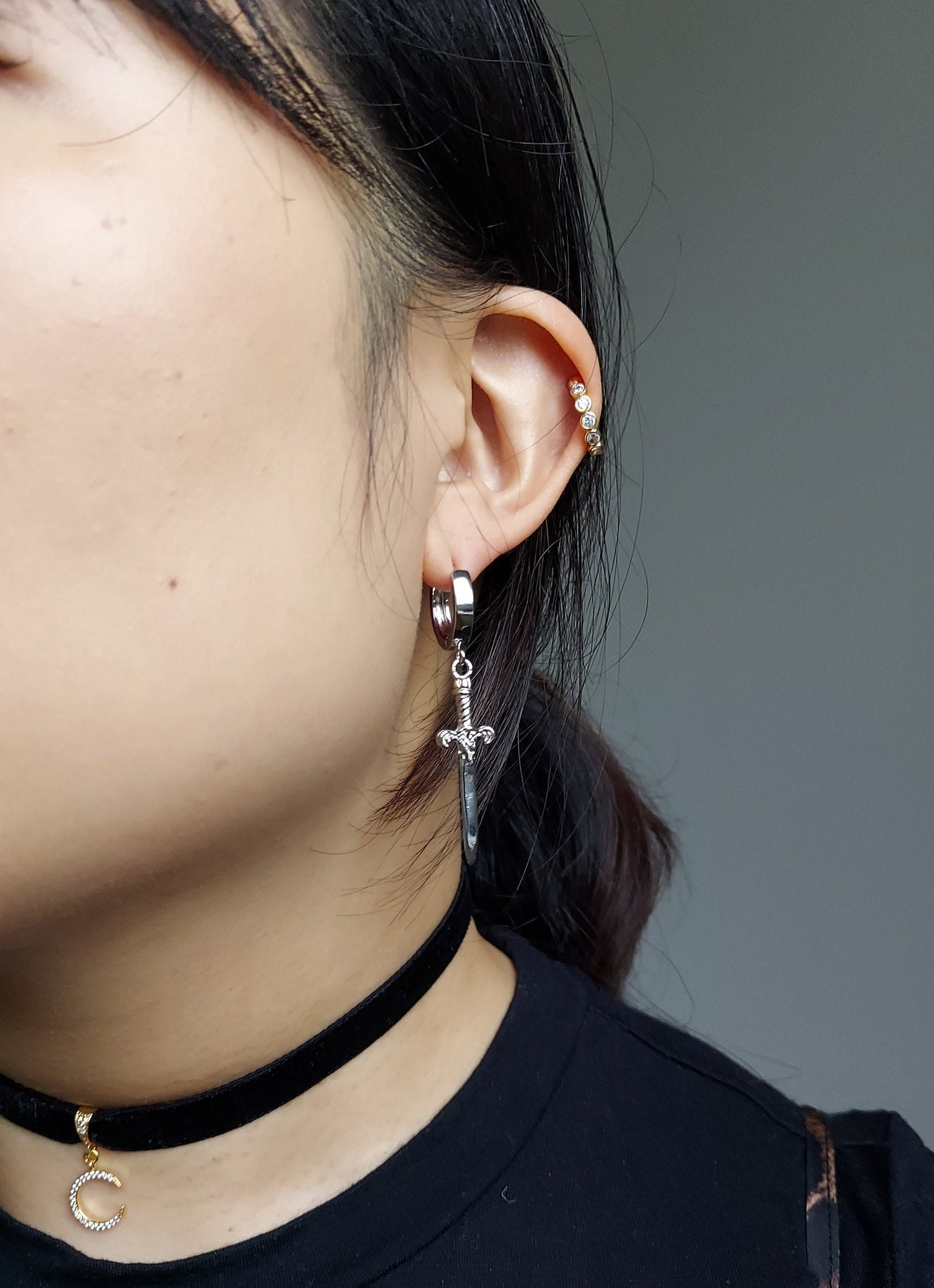 THE HAND Silver Sword and Teardrop Mismatched Huggie Earrings / Red Teardrop Earrings