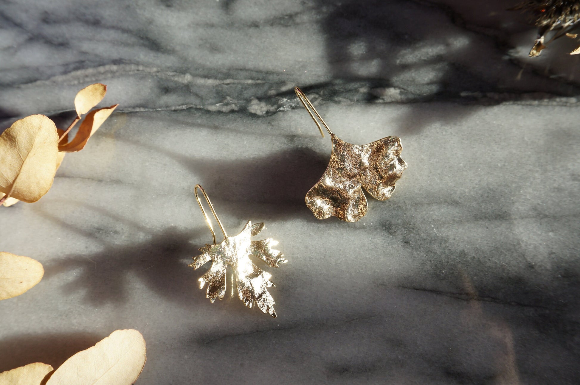 Botanical Hammered Leaf Earrings / Ginkgo Leaf Earrings / Maple Leaf Earrings
