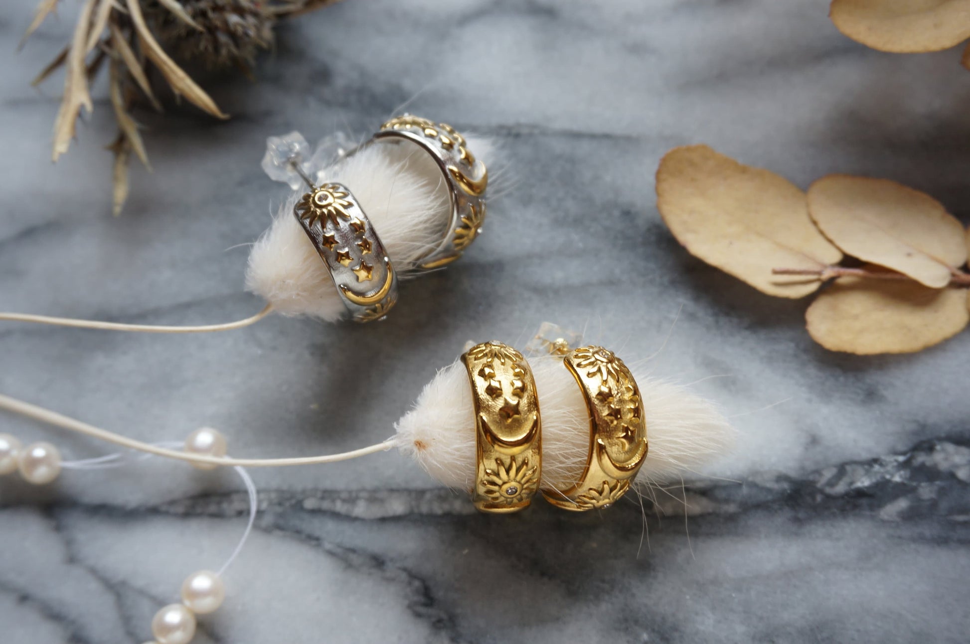 Celestial Engraved Chunky Hoop Earrings / Gold Plated / Silver Thick Hoop Earrings / Moon Sun Star