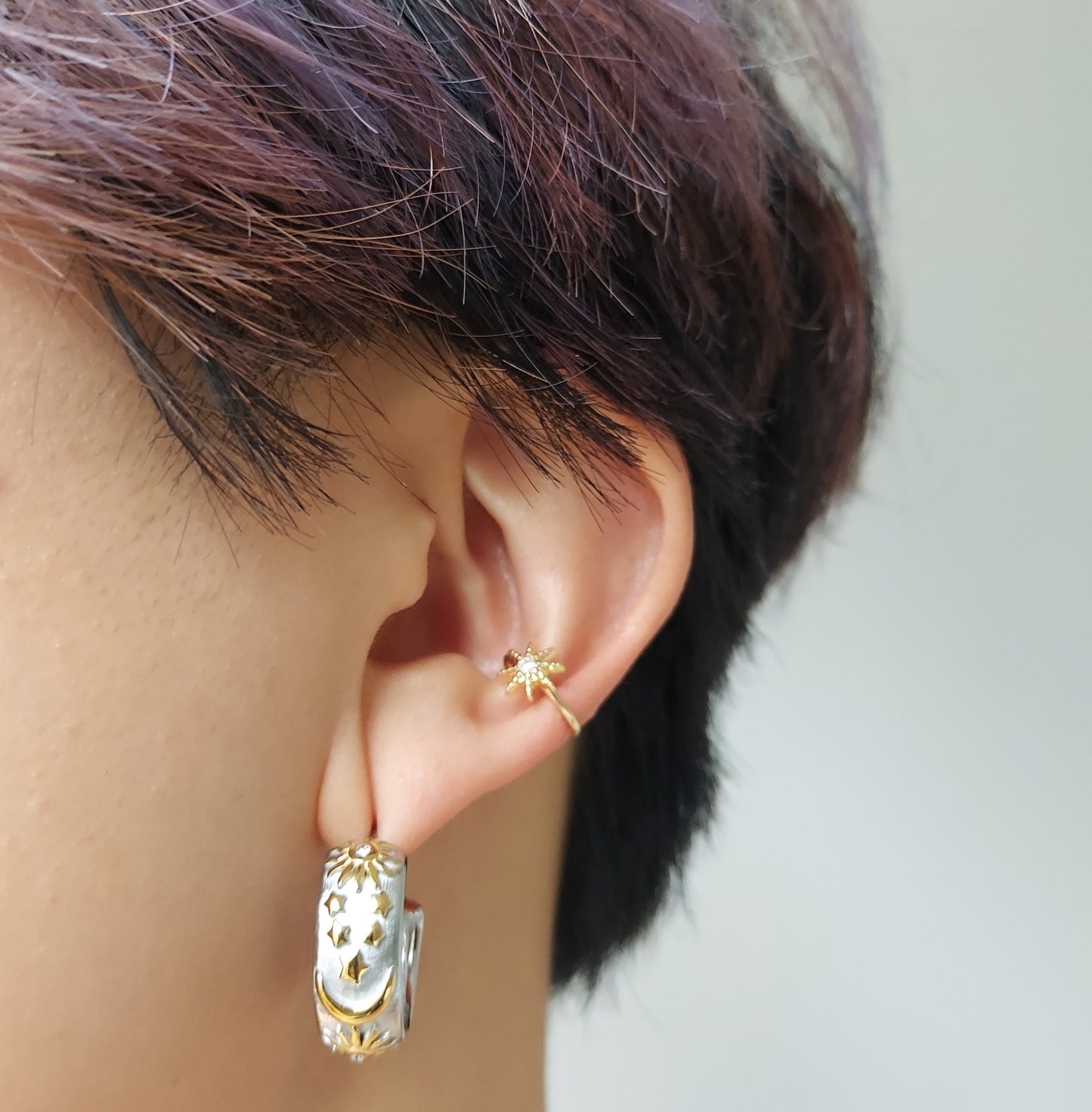 Celestial Engraved Chunky Hoop Earrings / Gold Plated / Silver Thick Hoop Earrings / Moon Sun Star