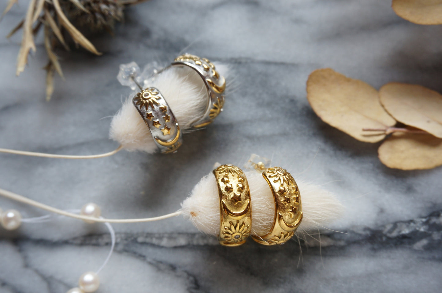 Celestial Engraved Chunky Hoop Earrings / Gold Plated / Silver Thick Hoop Earrings / Moon Sun Star