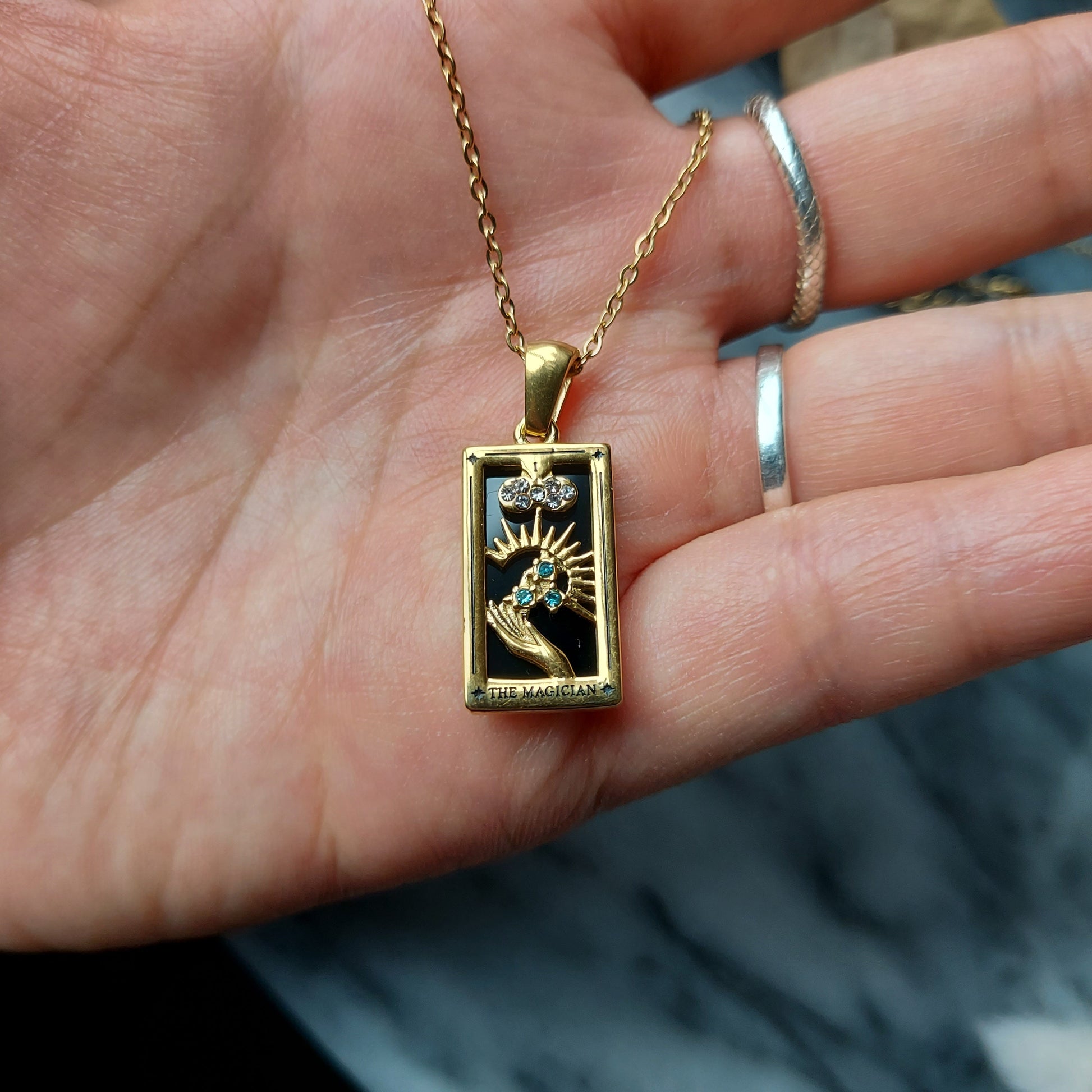 Gold Tarot Card Necklace / The Moon / The Lovers / The Magician / The World