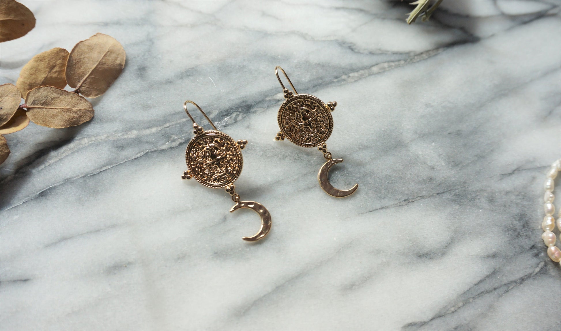 El Dorado Antique Ancient Gold Coin and Moon Earrings