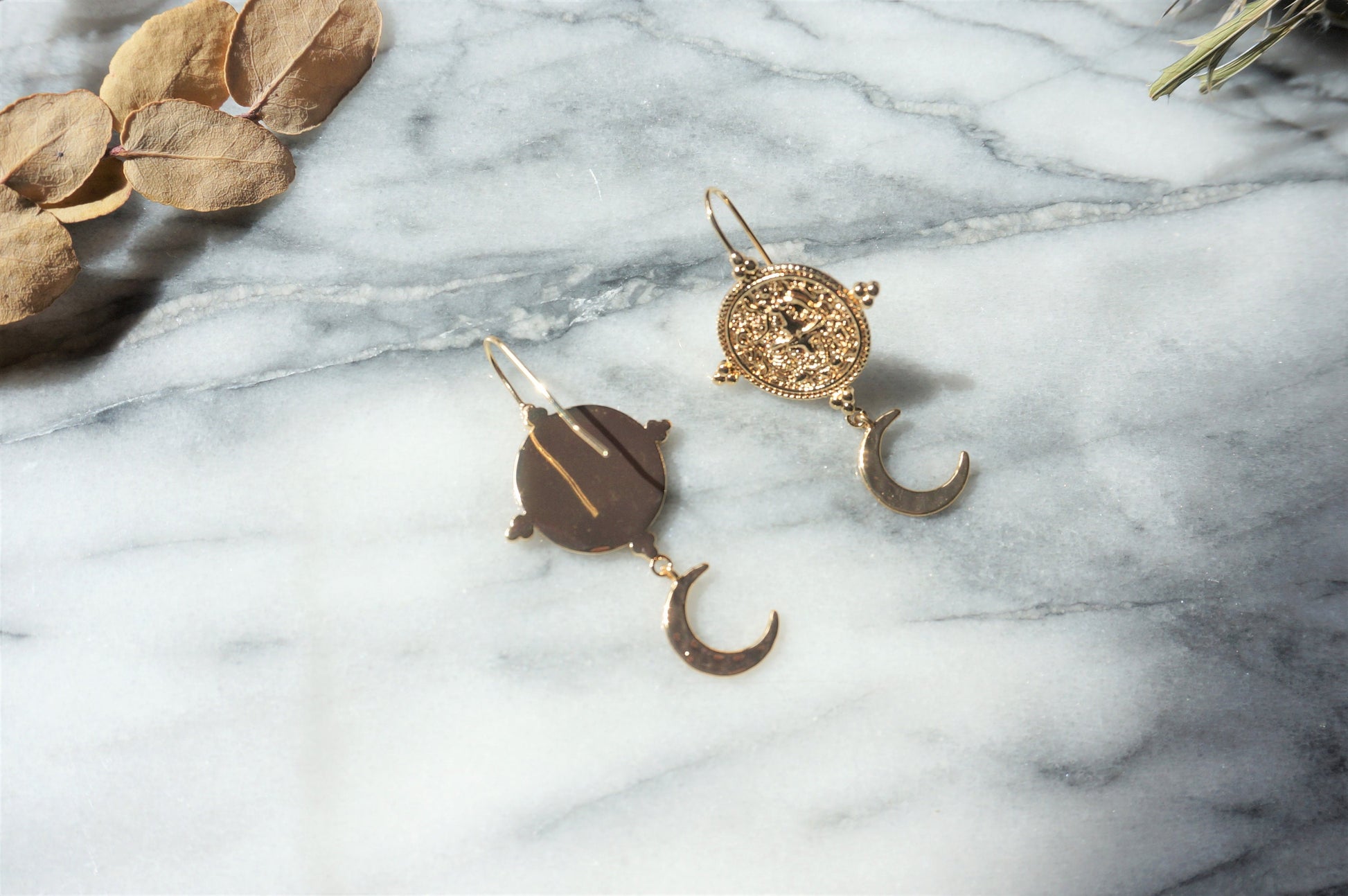 El Dorado Antique Ancient Gold Coin and Moon Earrings