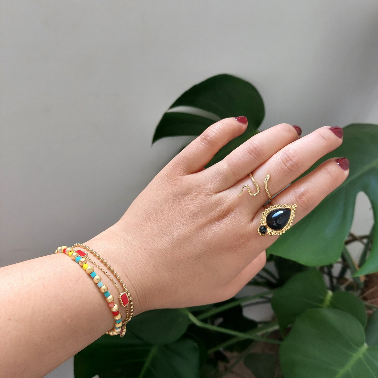 TAJ Gold Plated Green/Black Teardrop Gem Rings