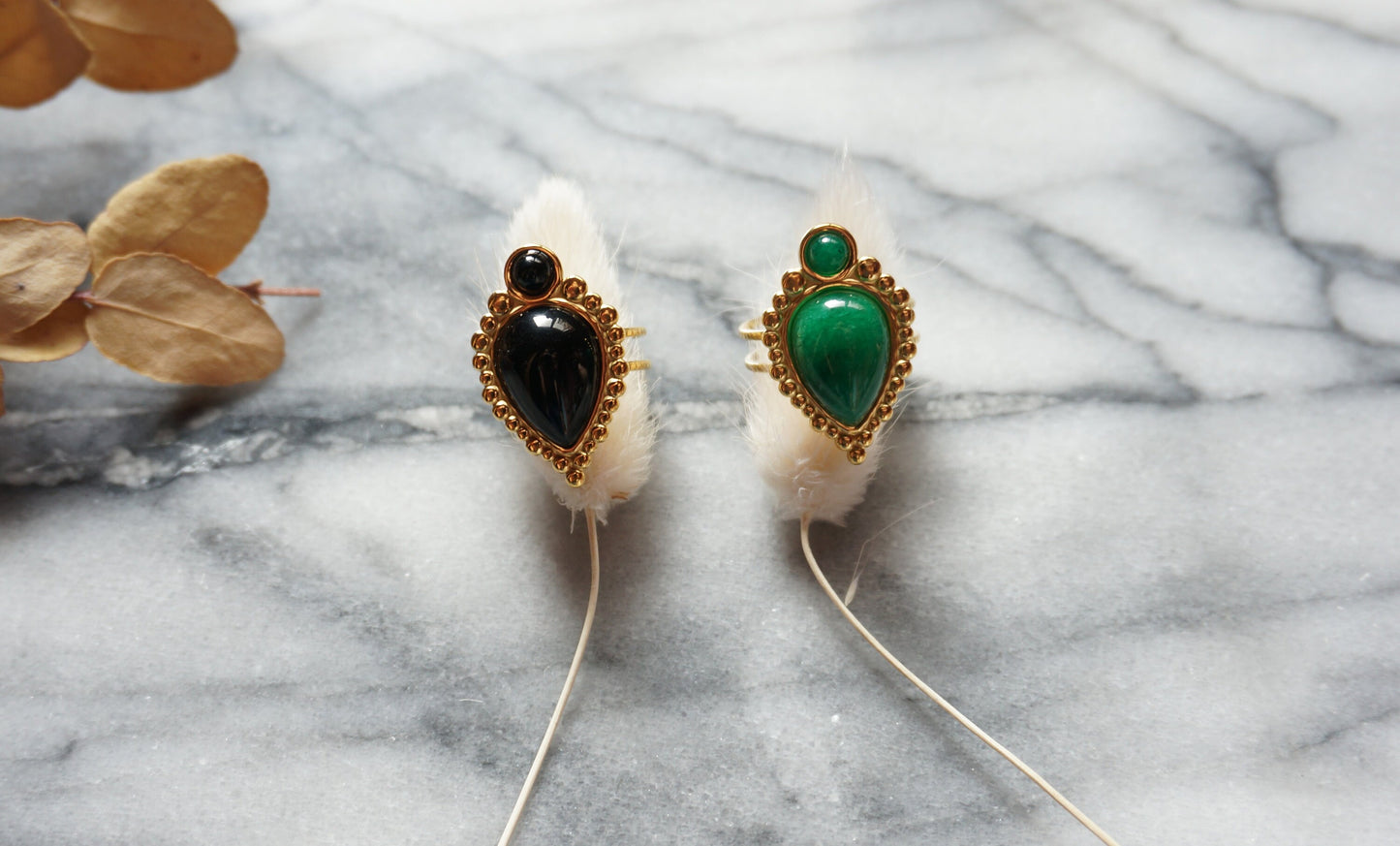TAJ Gold Plated Green/Black Teardrop Gem Rings