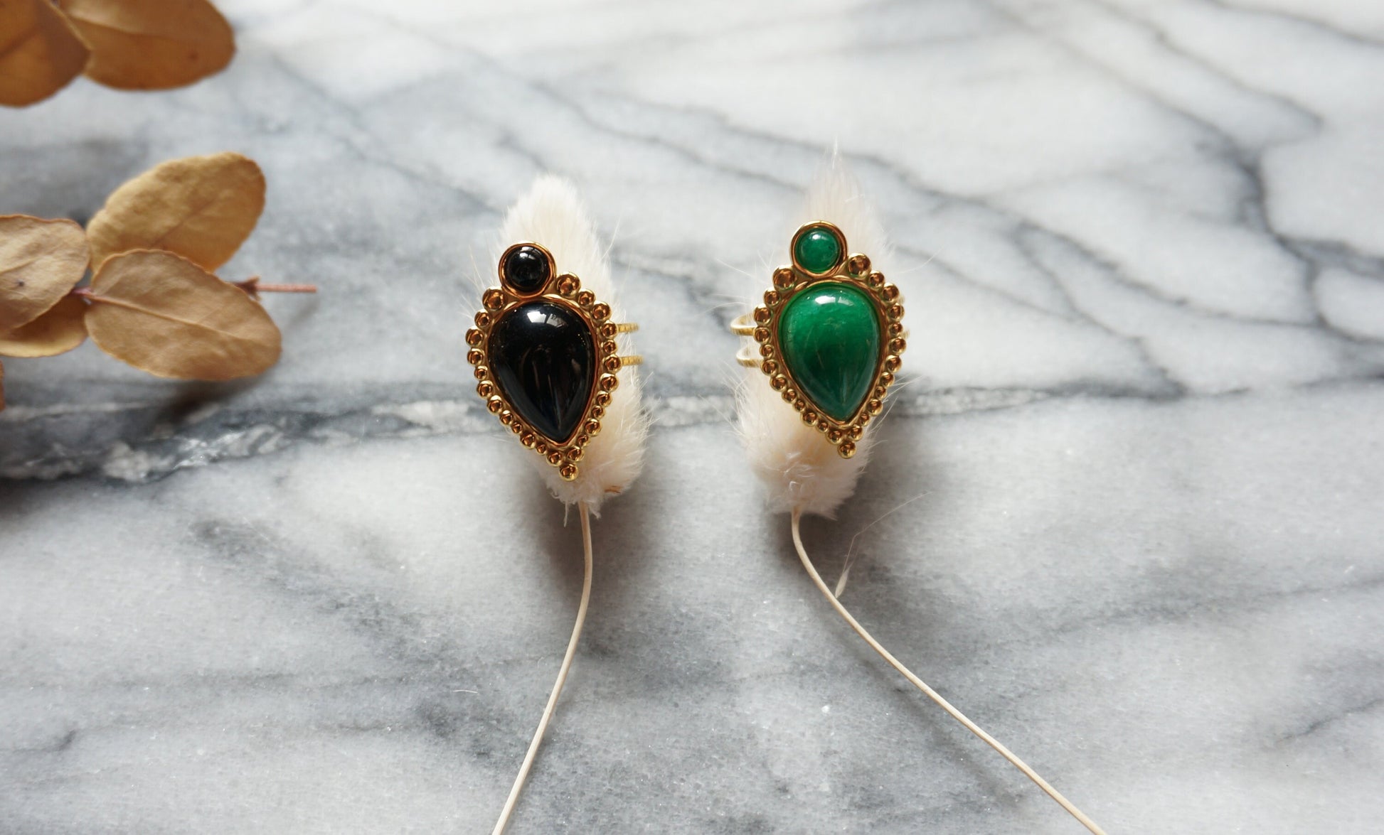 TAJ Gold Plated Green/Black Teardrop Gem Rings