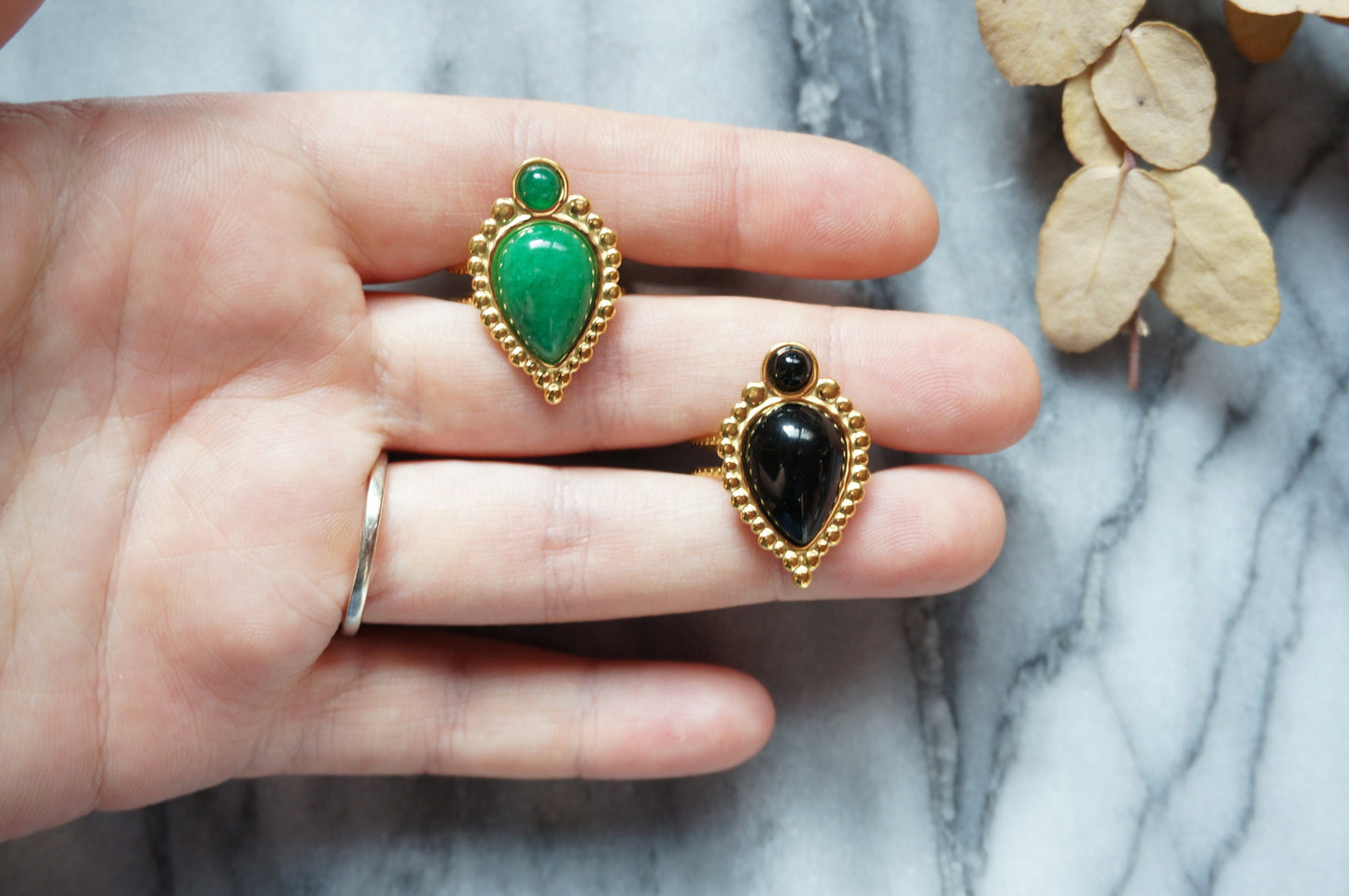 TAJ Gold Plated Green/Black Teardrop Gem Rings