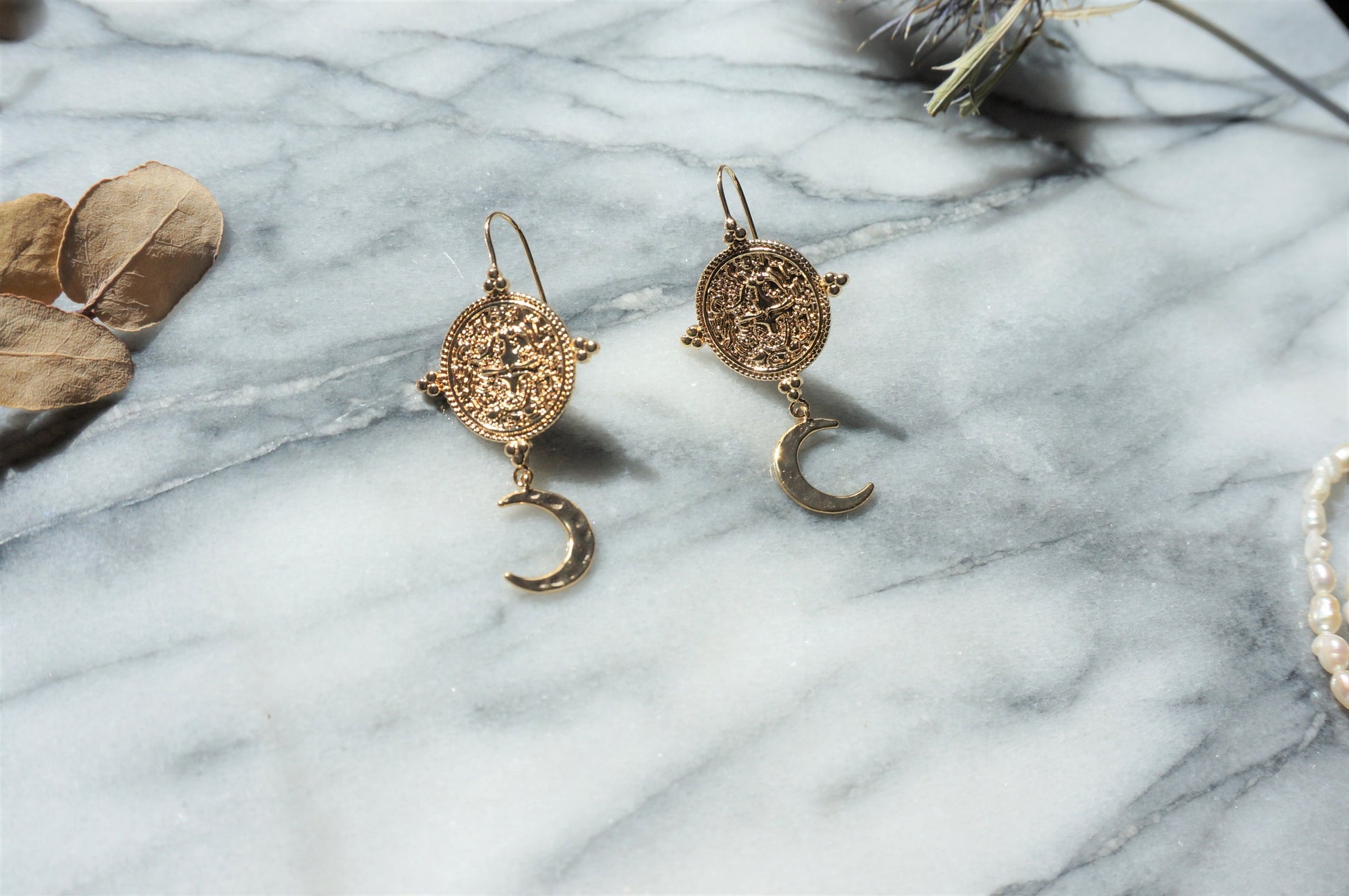 El Dorado Antique Ancient Gold Coin and Moon Earrings