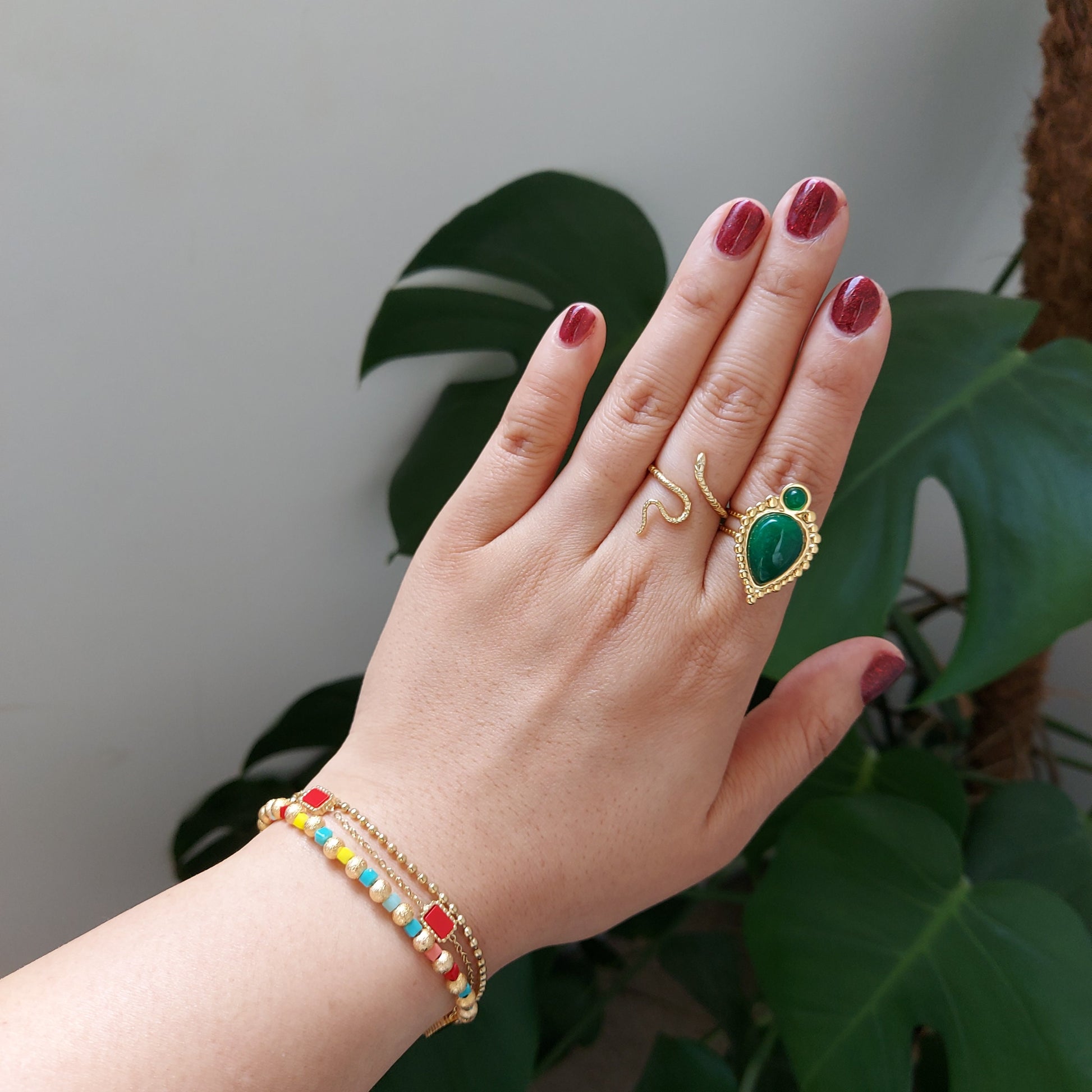 TAJ Gold Plated Green/Black Teardrop Gem Rings