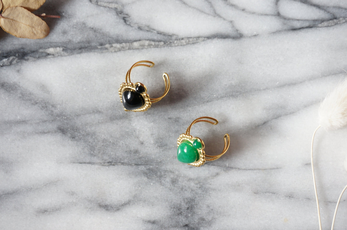 TAJ Gold Plated Green/Black Teardrop Gem Rings