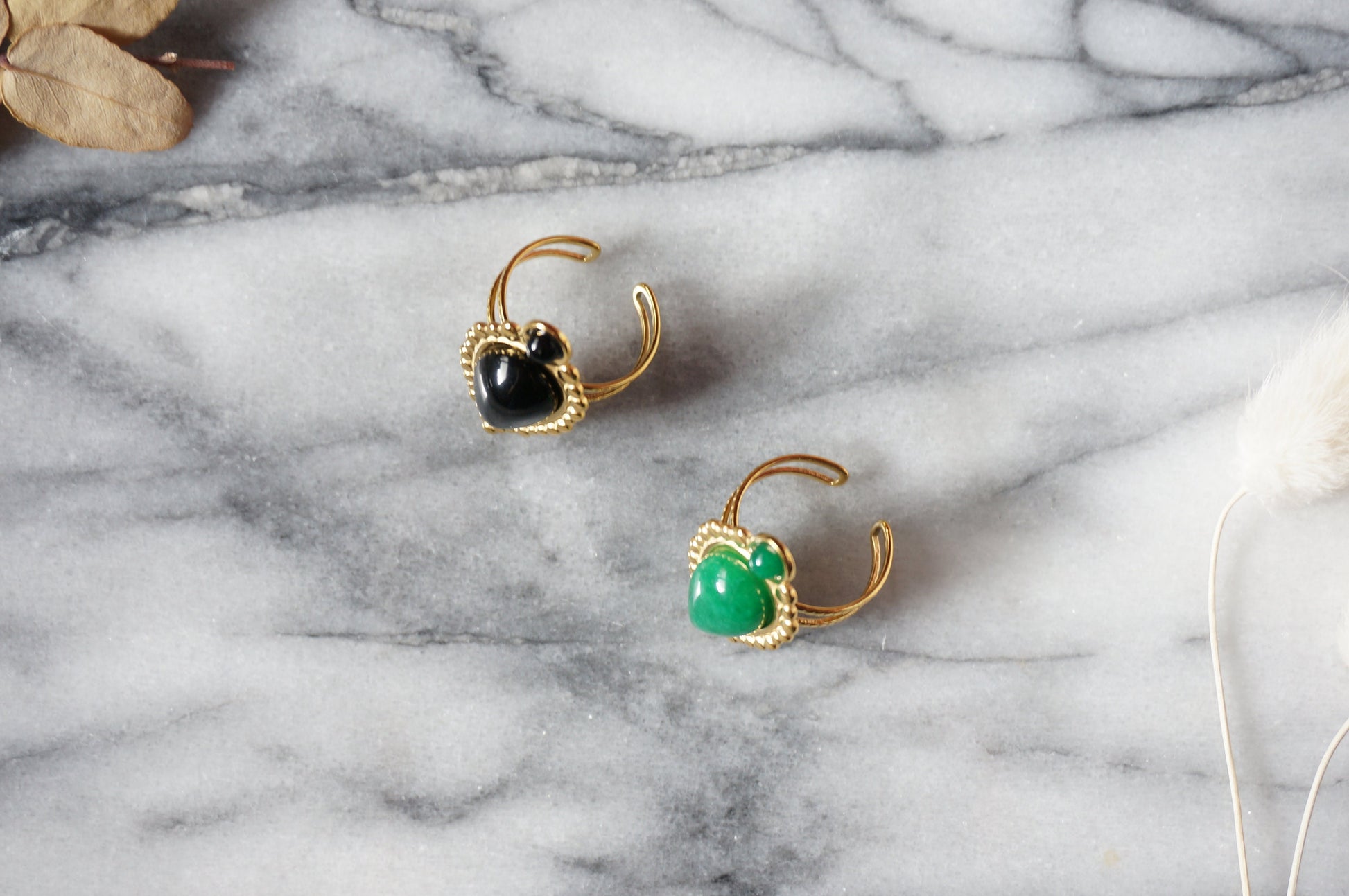 TAJ Gold Plated Green/Black Teardrop Gem Rings