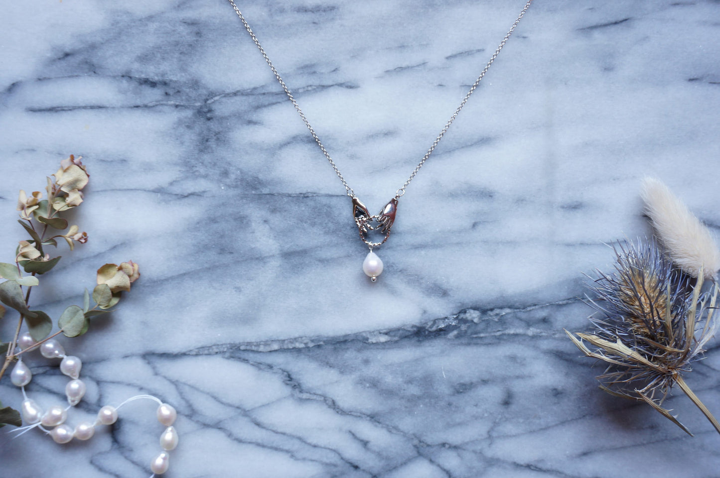 HAND-PICKED Teardrop Pearl and hands dainty necklace