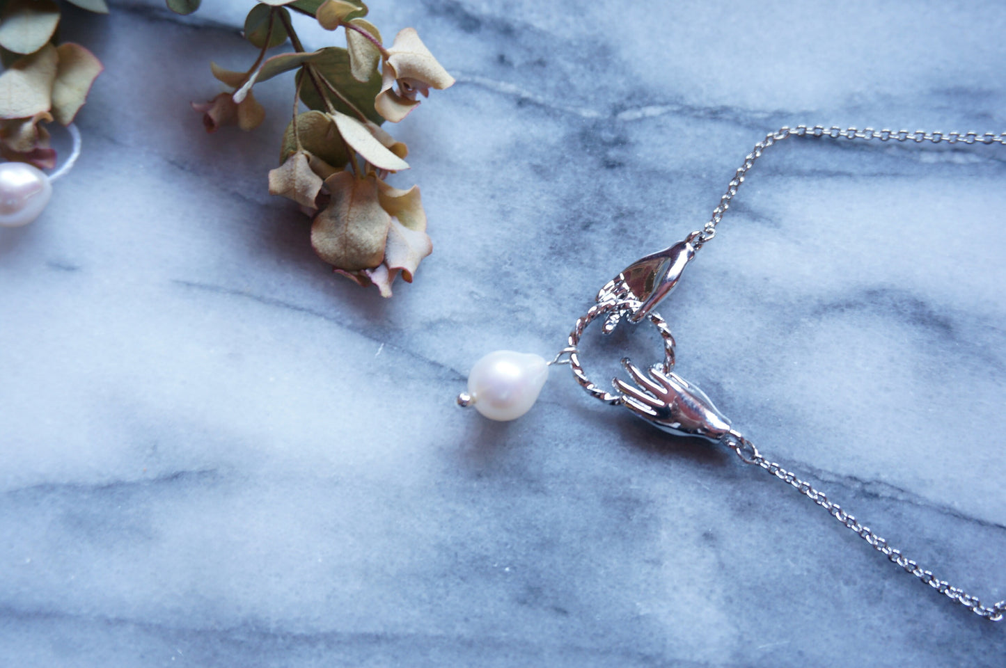 HAND-PICKED Teardrop Pearl and hands dainty necklace