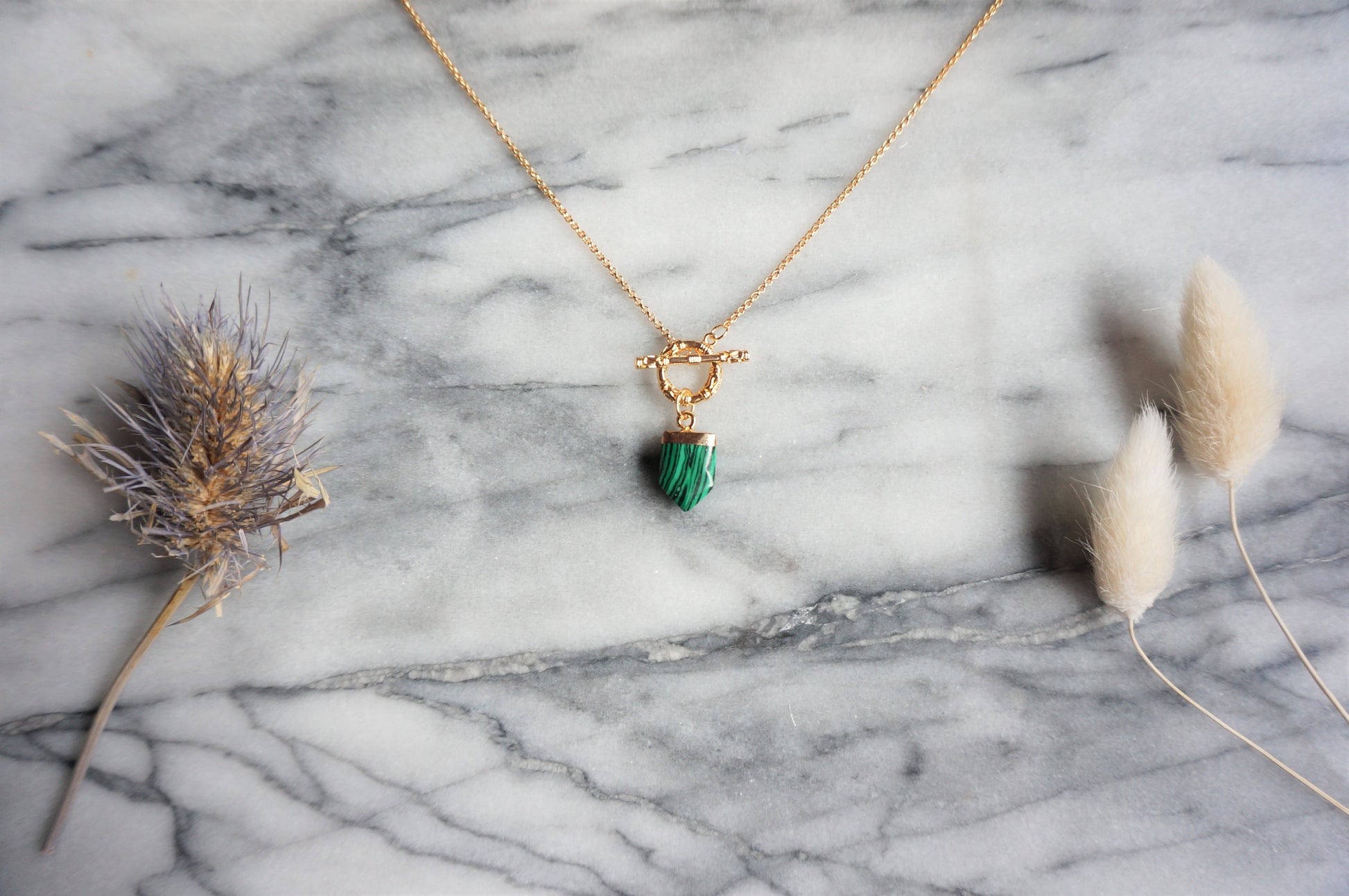 Green Stone Gold T-Bar Necklace