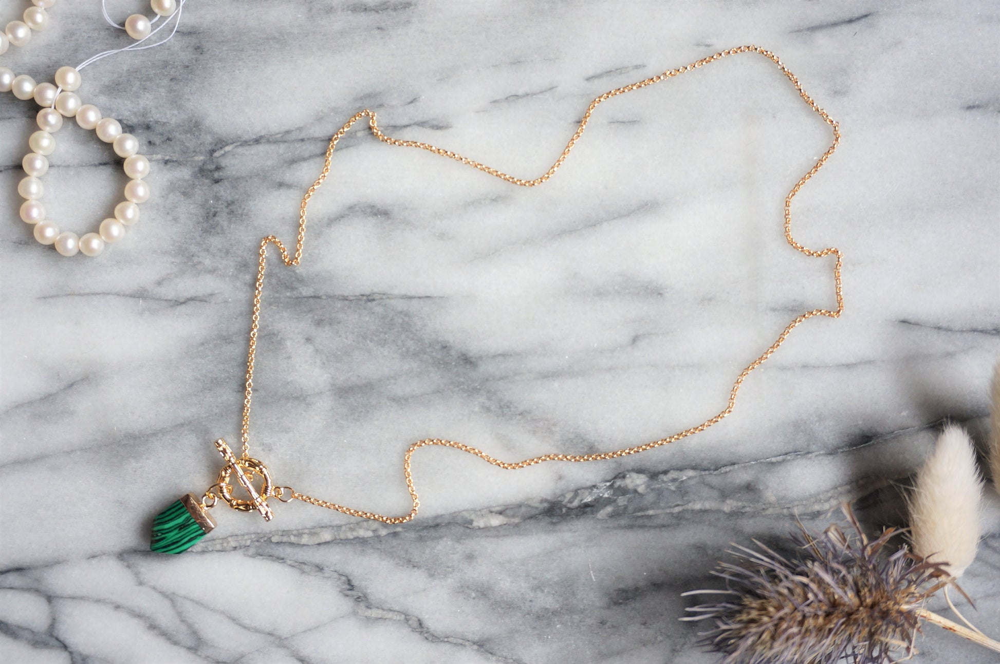 Green Stone Gold T-Bar Necklace