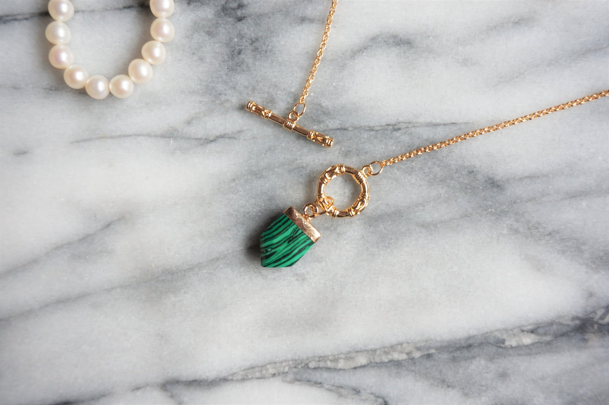 Green Stone Gold T-Bar Necklace