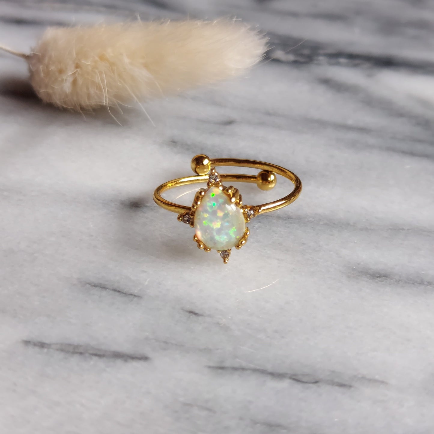 Fire and Ice Opalite Teardrop Adjustable Gold Ring / Stackable Adjustable Ring