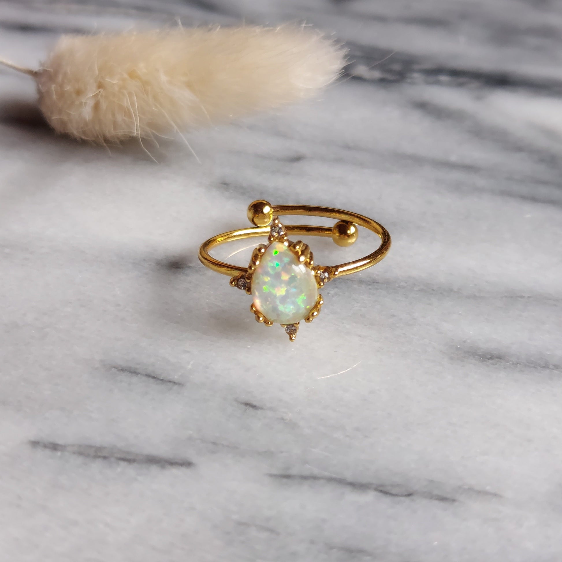 Fire and Ice Opalite Teardrop Adjustable Gold Ring / Stackable Adjustable Ring