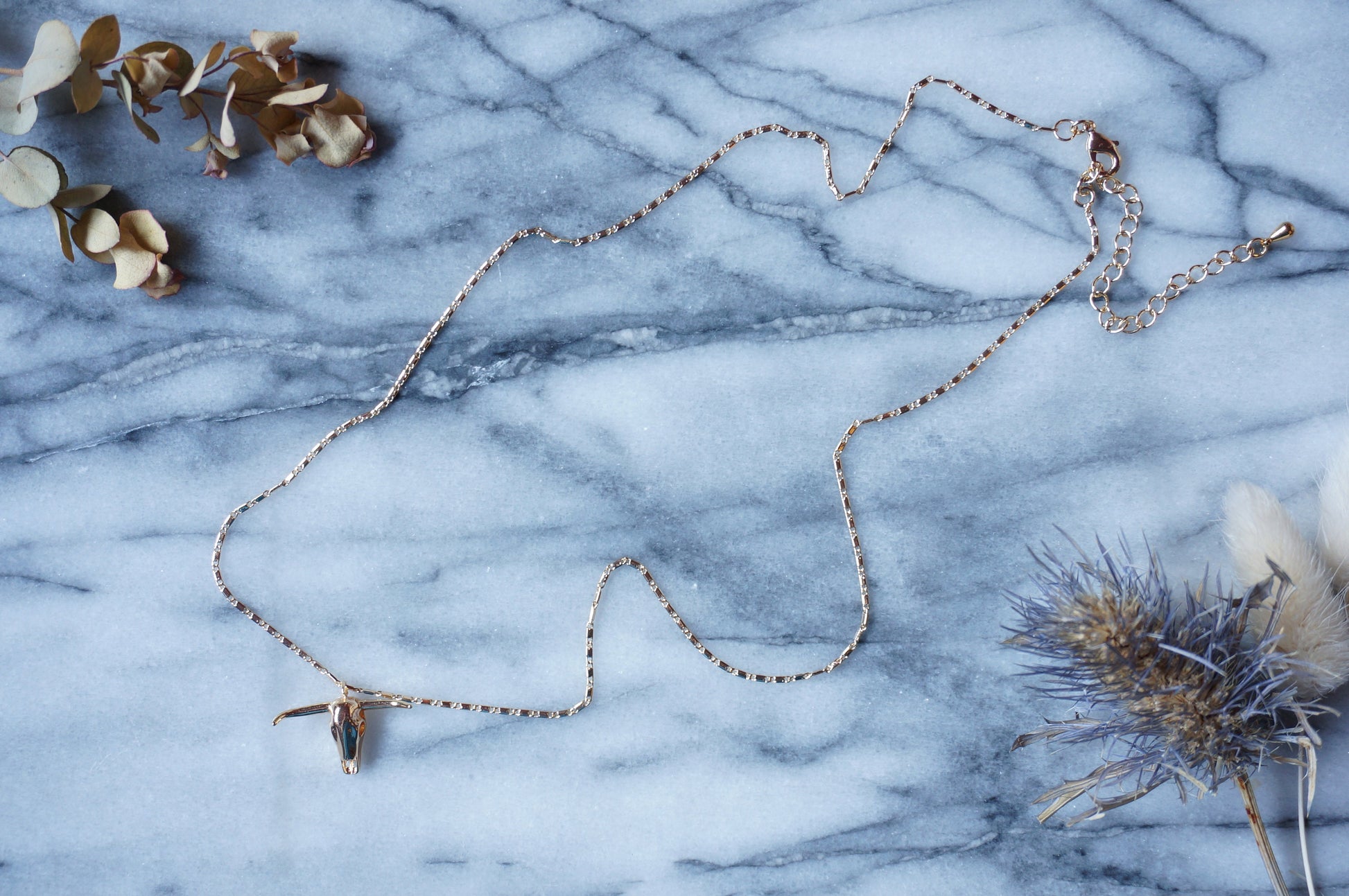 Bull Skull Gold Necklace / Cow Skull Charm Necklace