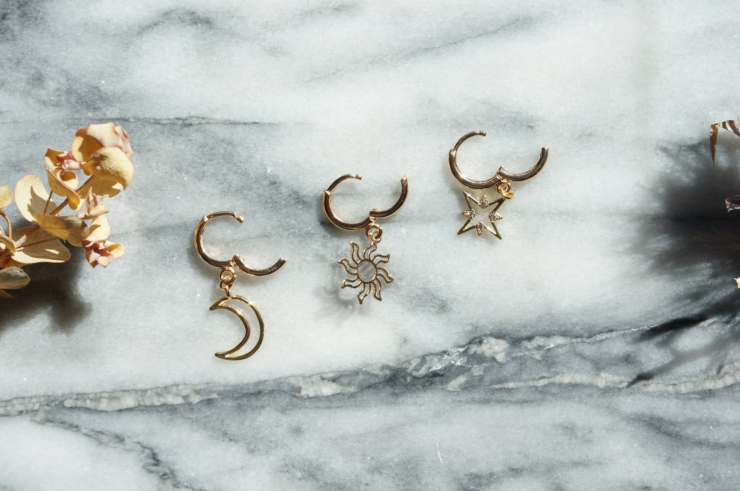 AMARIS Gold Sun, Moon and Star Huggie Earring Set / Gold Hoops