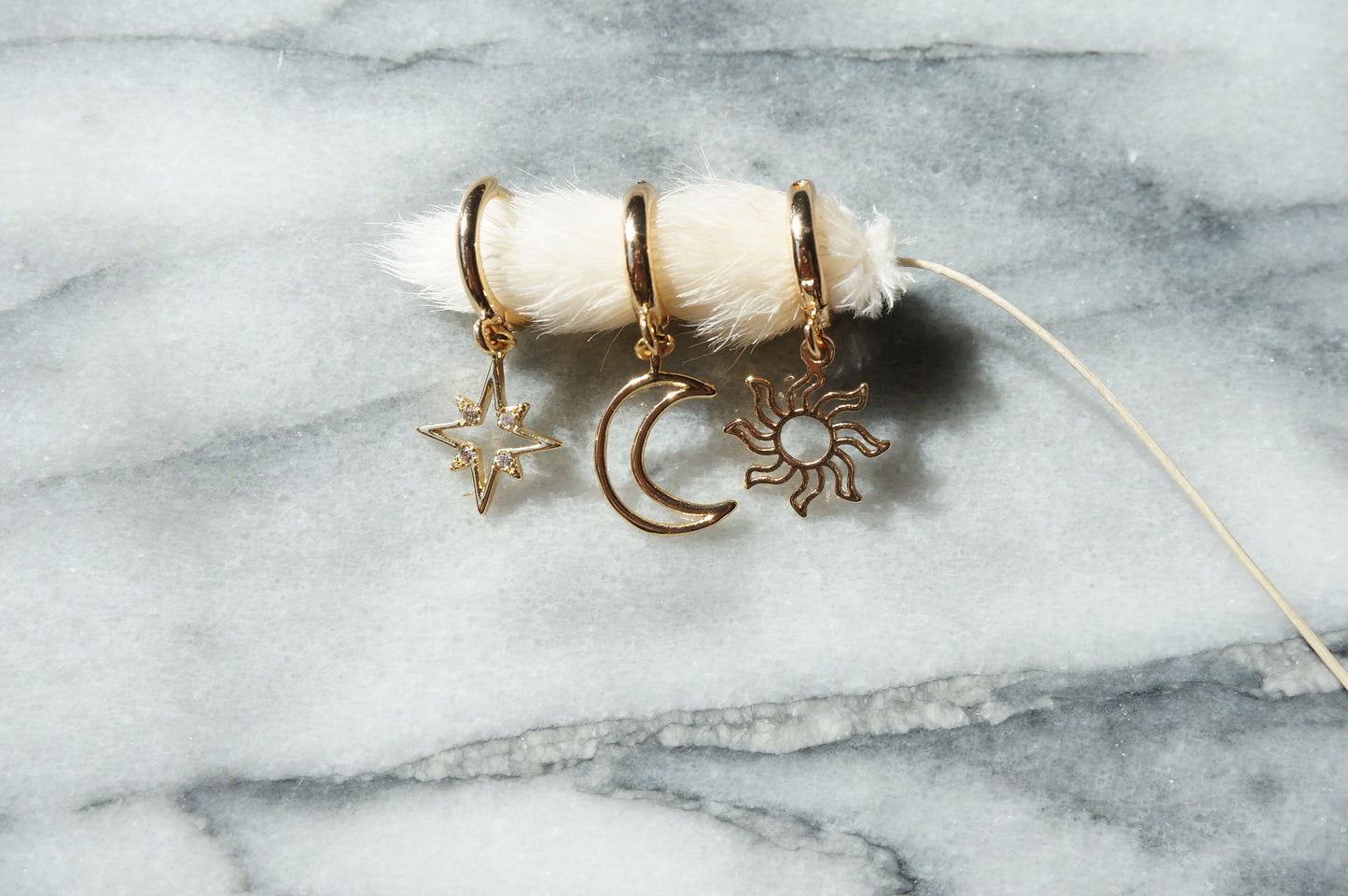 AMARIS Gold Sun, Moon and Star Huggie Earring Set / Gold Hoops