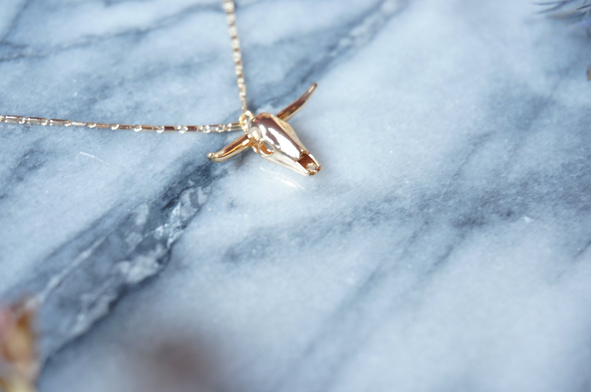 Bull Skull Gold Necklace / Cow Skull Charm Necklace