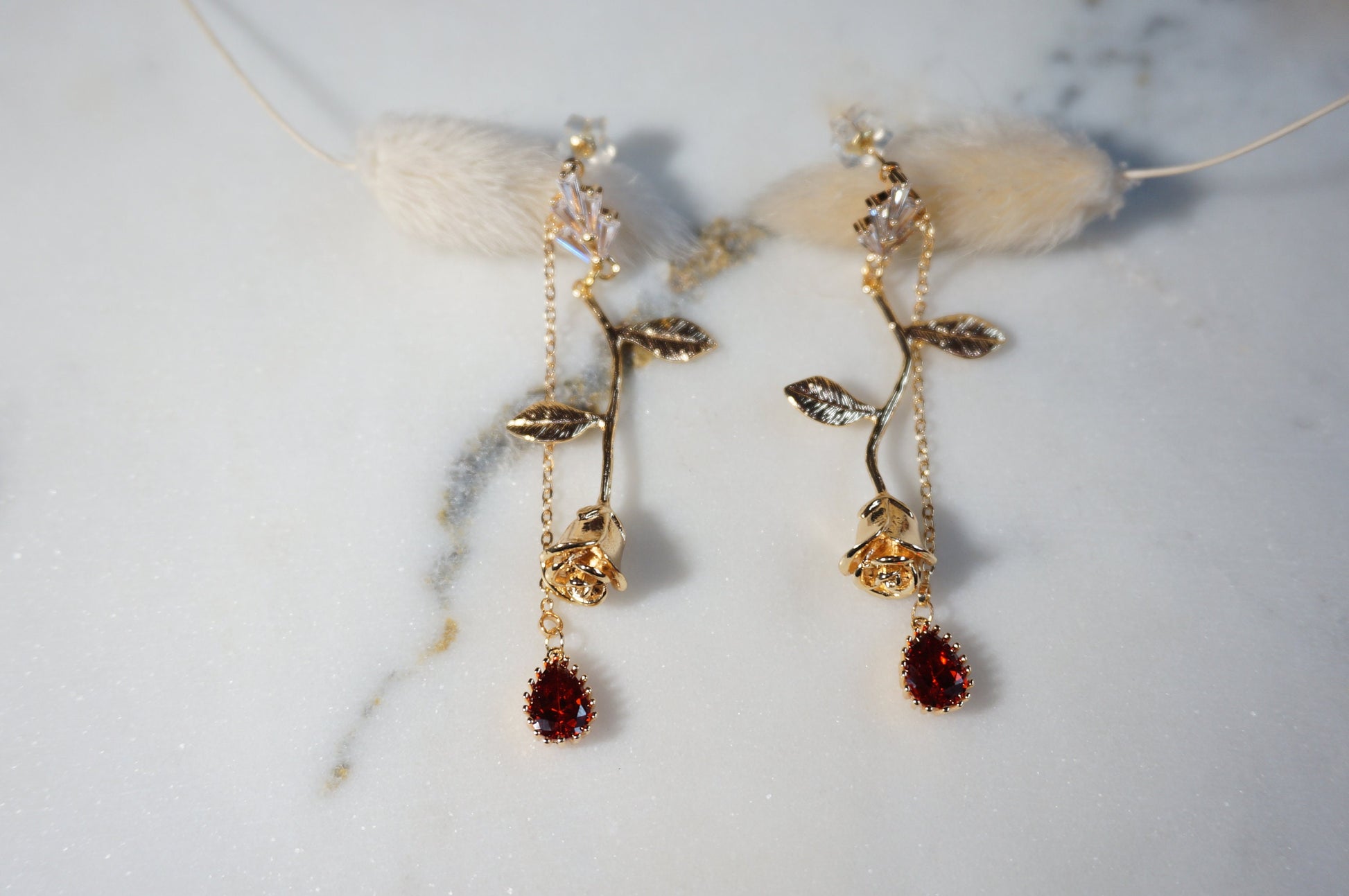 EMILY Rose and Blood Drop Dangle 2 Way Earrings / Gold, Silver Deep Red Teardrop Earrings