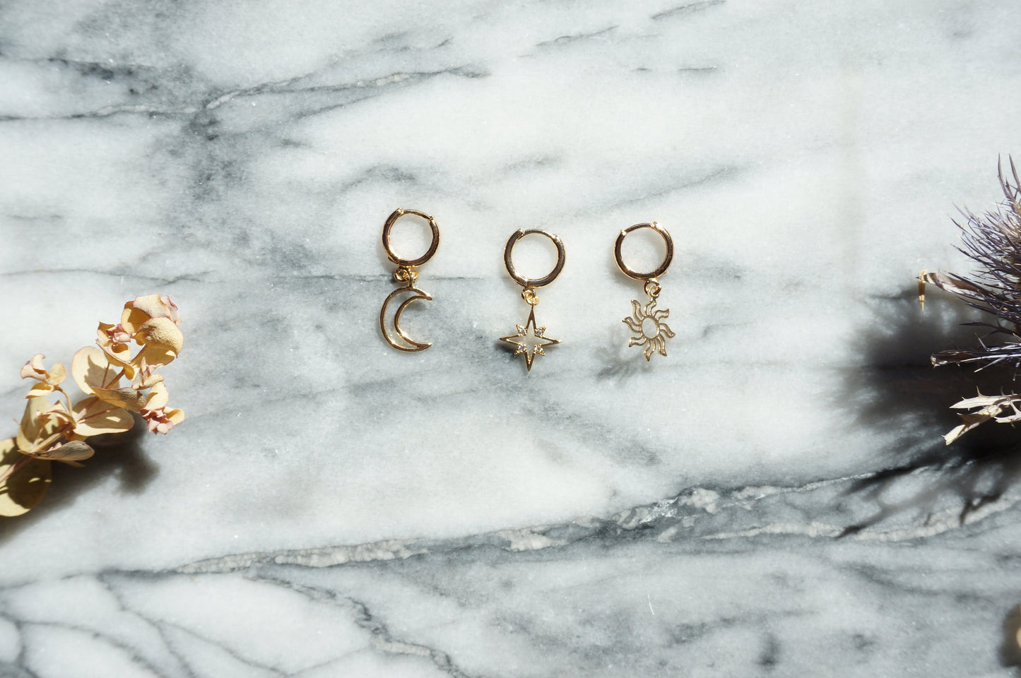AMARIS Gold Sun, Moon and Star Huggie Earring Set / Gold Hoops