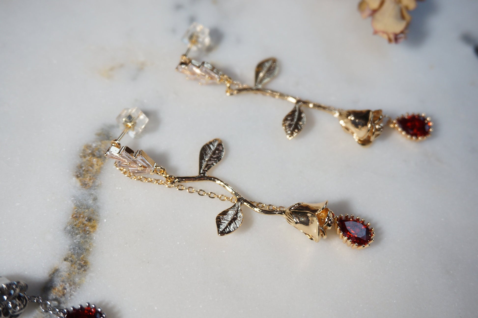 EMILY Rose and Blood Drop Dangle 2 Way Earrings / Gold, Silver Deep Red Teardrop Earrings