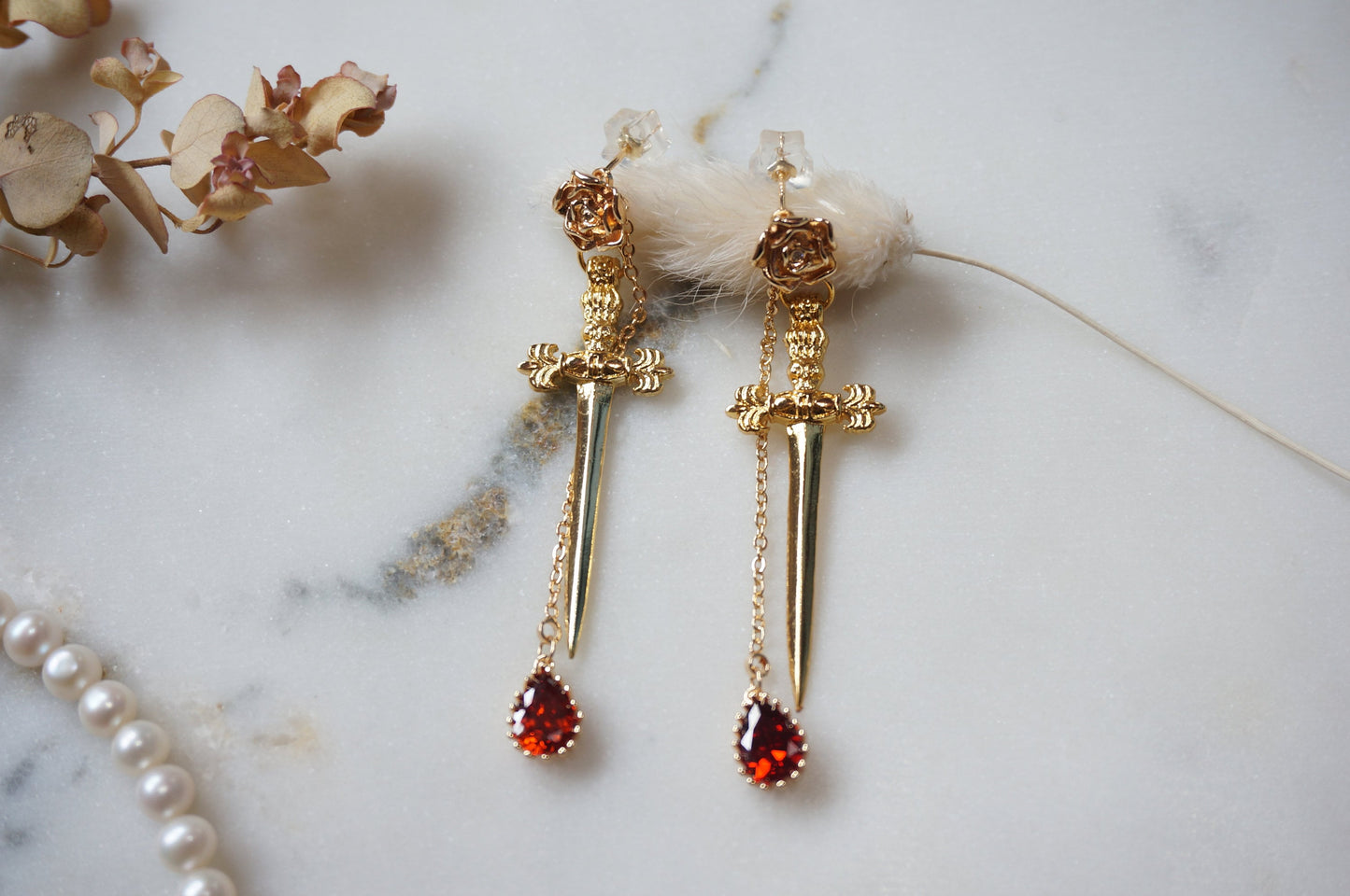 ROMEO Gold / Silver Rose, Dagger and Blood Drop Earrings