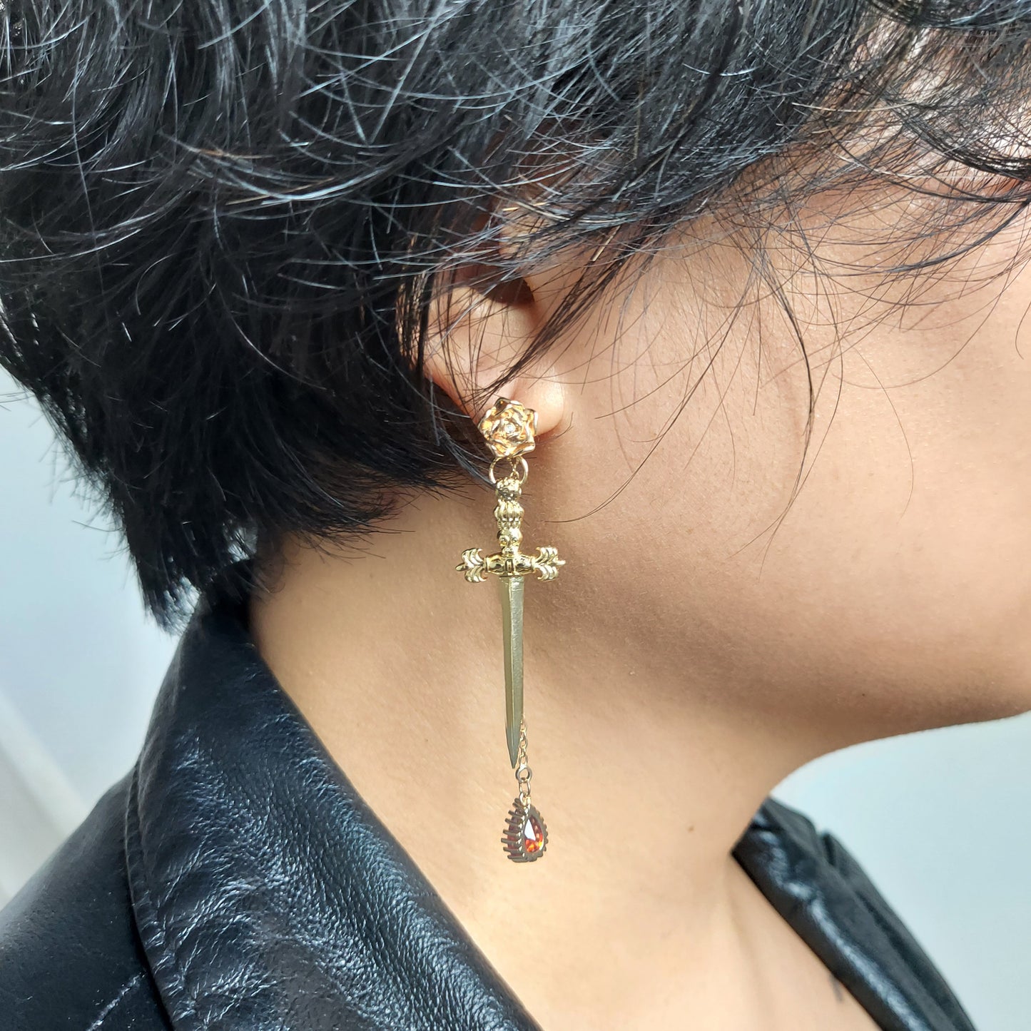 ROMEO Gold / Silver Rose, Dagger and Blood Drop Earrings