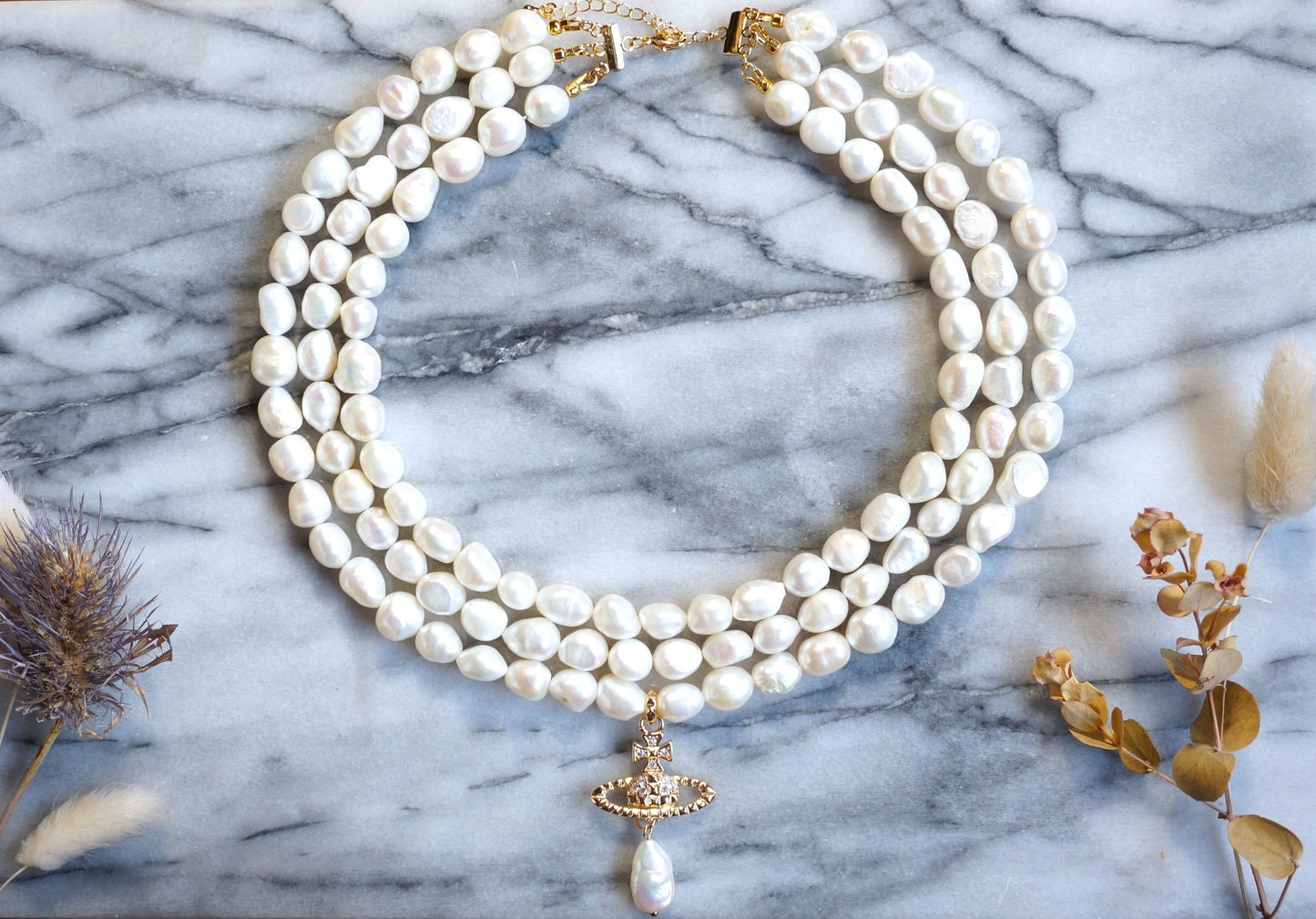 VICTORIA Three Layer Pearl / Black Pearl Necklace / Three Row Pearl Drop Choker