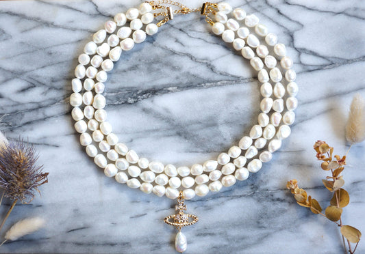 VICTORIA Three Layer Pearl / Black Pearl Necklace / Three Row Pearl Drop Choker