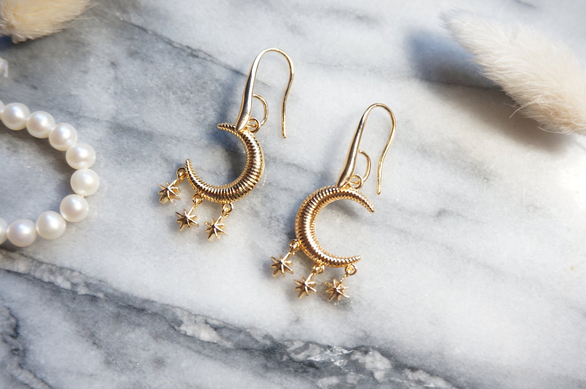 Moon and 3 Star Gold Earrings / Celestial Earrings