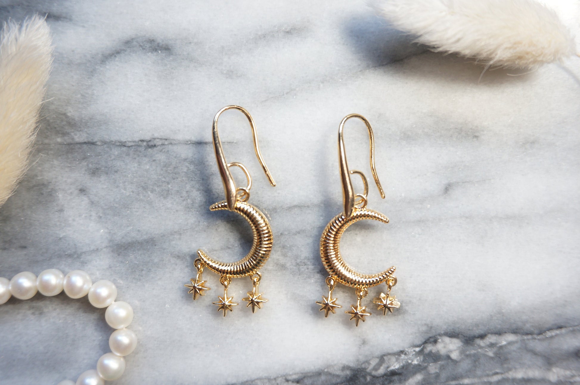 Moon and 3 Star Gold Earrings / Celestial Earrings