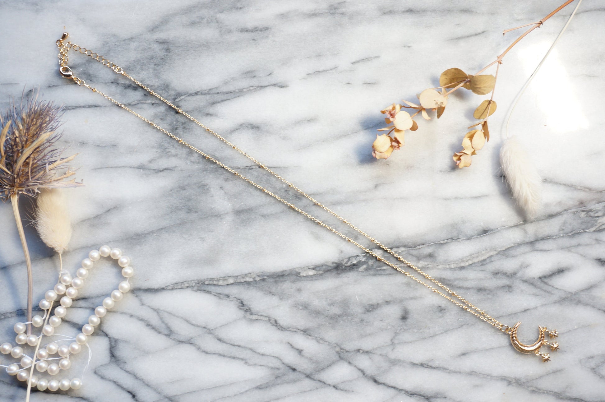 Moon and 3 Star Gold Necklace / Celestial Necklace