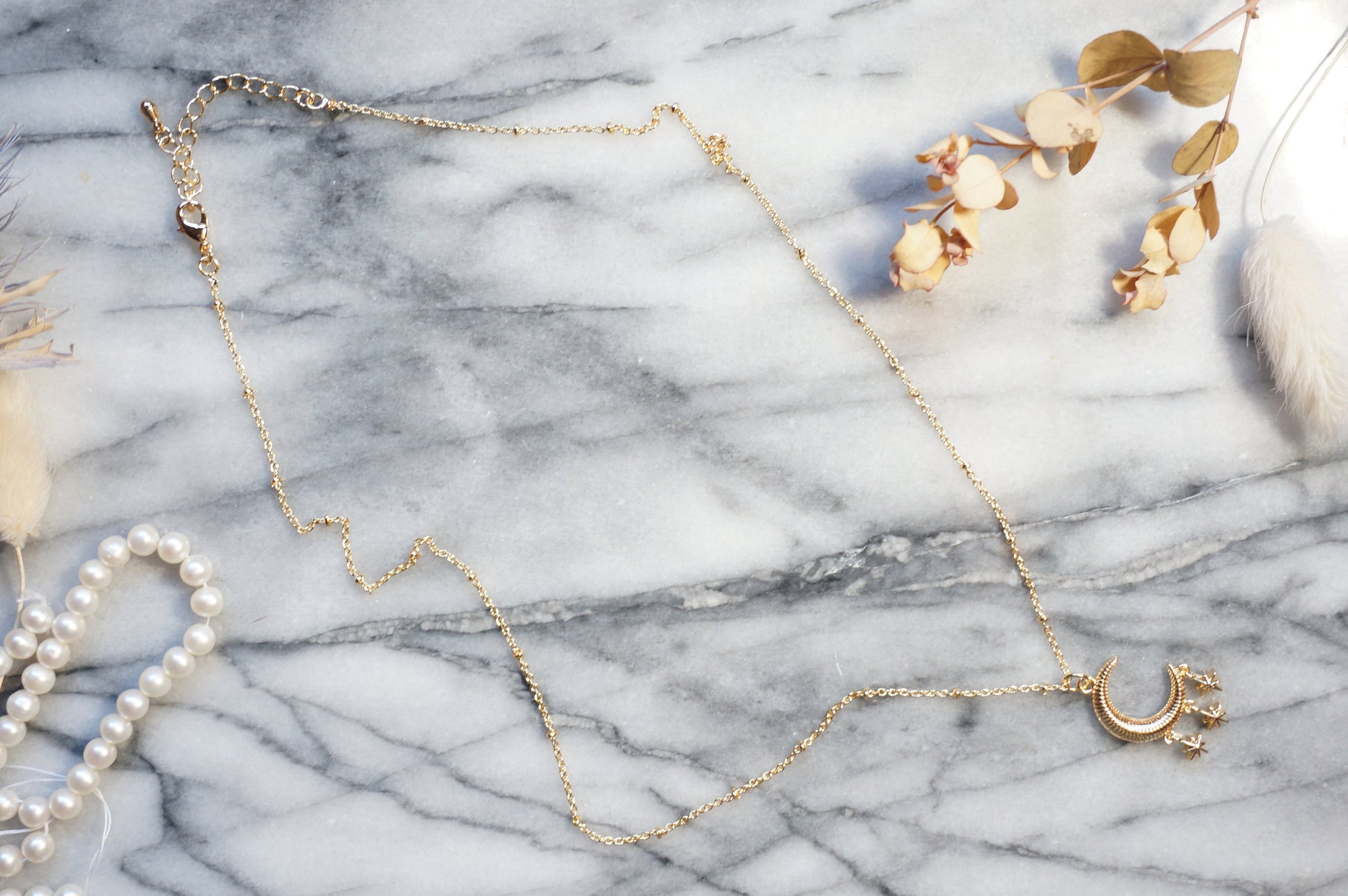 Moon and 3 Star Gold Necklace / Celestial Necklace